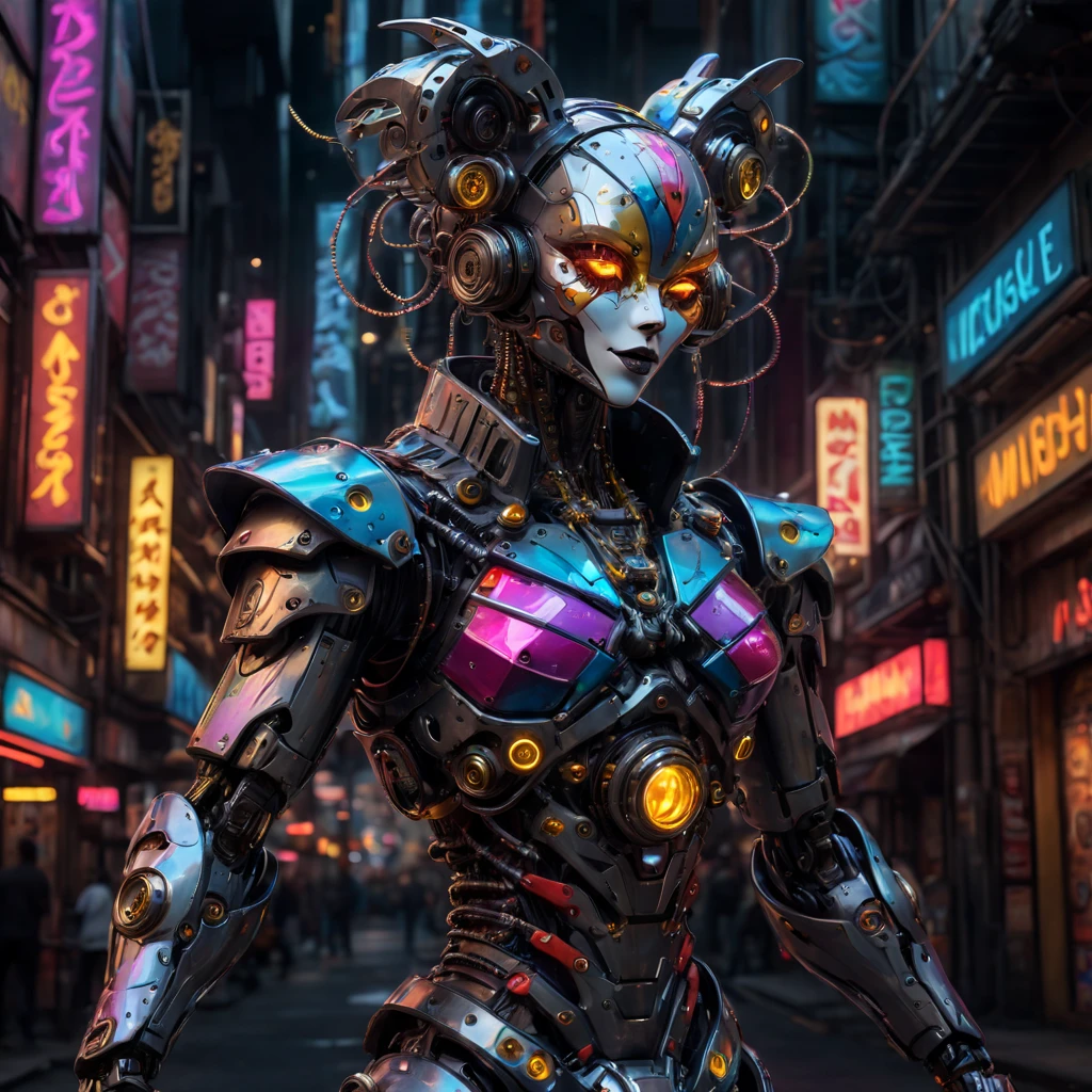 High Resolution, High Quality, Masterpiece. Cyberpunk Harlequin puppet rendered in vivid detail, full growth, laser beams as puppet threads, gold and silver wiring intricately entwined, acrylic texture, gears meshing within the design, surreal neon-lit cyberpunk cityscape background, volumetric lighting casting auras and rays intensifying vivid color reflections, mythical cybernetic enhancements visible, ultra-realistic aesthetics capturing breathtaking beauty and leaving an unforgettable impression, octane rendering technique enhancing the digital photo to a masterpiece level, high-resolution, 32k resolution, gear mecha aesthetic, detailed acrylic textures.