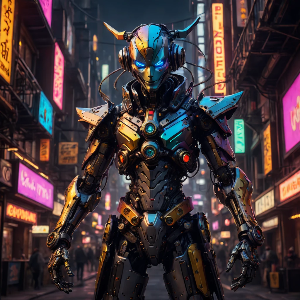 High Resolution, High Quality, Masterpiece. Cyberpunk Harlequin puppet rendered in vivid detail, full growth, laser beams as puppet threads, gold and silver wiring intricately entwined, acrylic texture, gears meshing within the design, surreal neon-lit cyberpunk cityscape background, volumetric lighting casting auras and rays intensifying vivid color reflections, mythical cybernetic enhancements visible, ultra-realistic aesthetics capturing breathtaking beauty and leaving an unforgettable impression, octane rendering technique enhancing the digital photo to a masterpiece level, high-resolution, 32k resolution, gear mecha aesthetic, detailed acrylic textures.