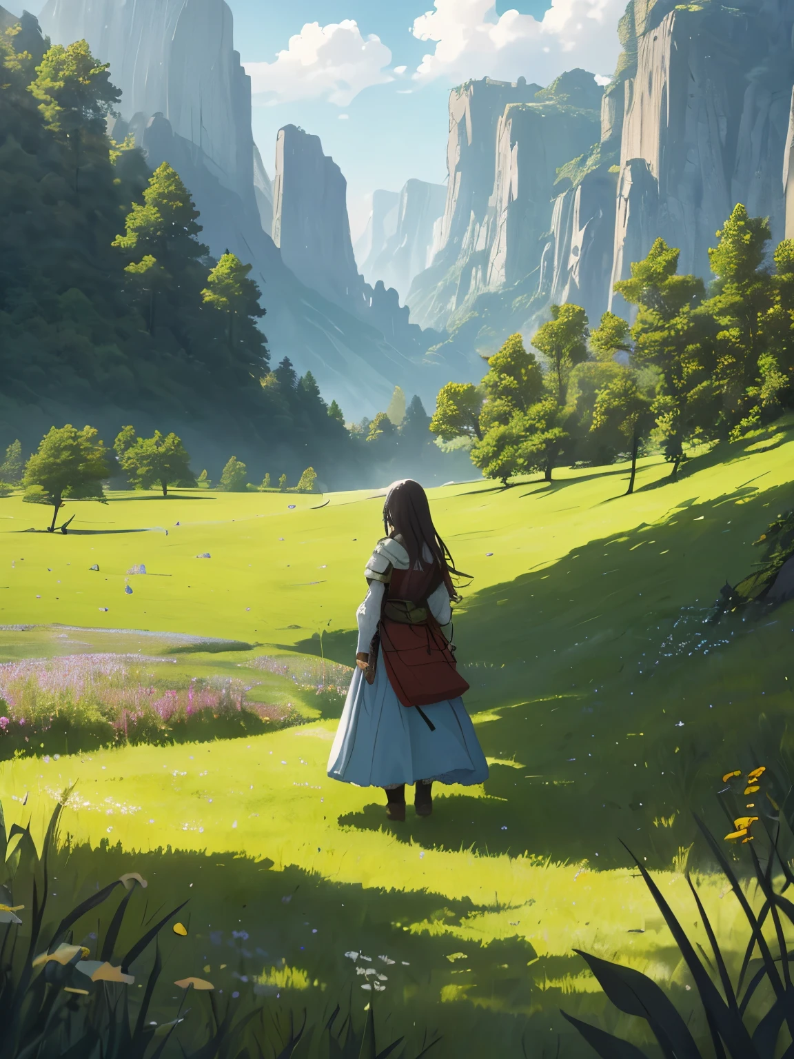 In a green meadow stands a girl leading a group of knights.
BREAK
With a brave expression, she guides them towards their destination.
BREAK
Behind her, a green forest stretches out and beyond that, mountains rise in the distance.
BREAK
The most suitable effect for this scene would be a watercolor painting technique to capture the softness of the meadow and the fluidity of the movement.