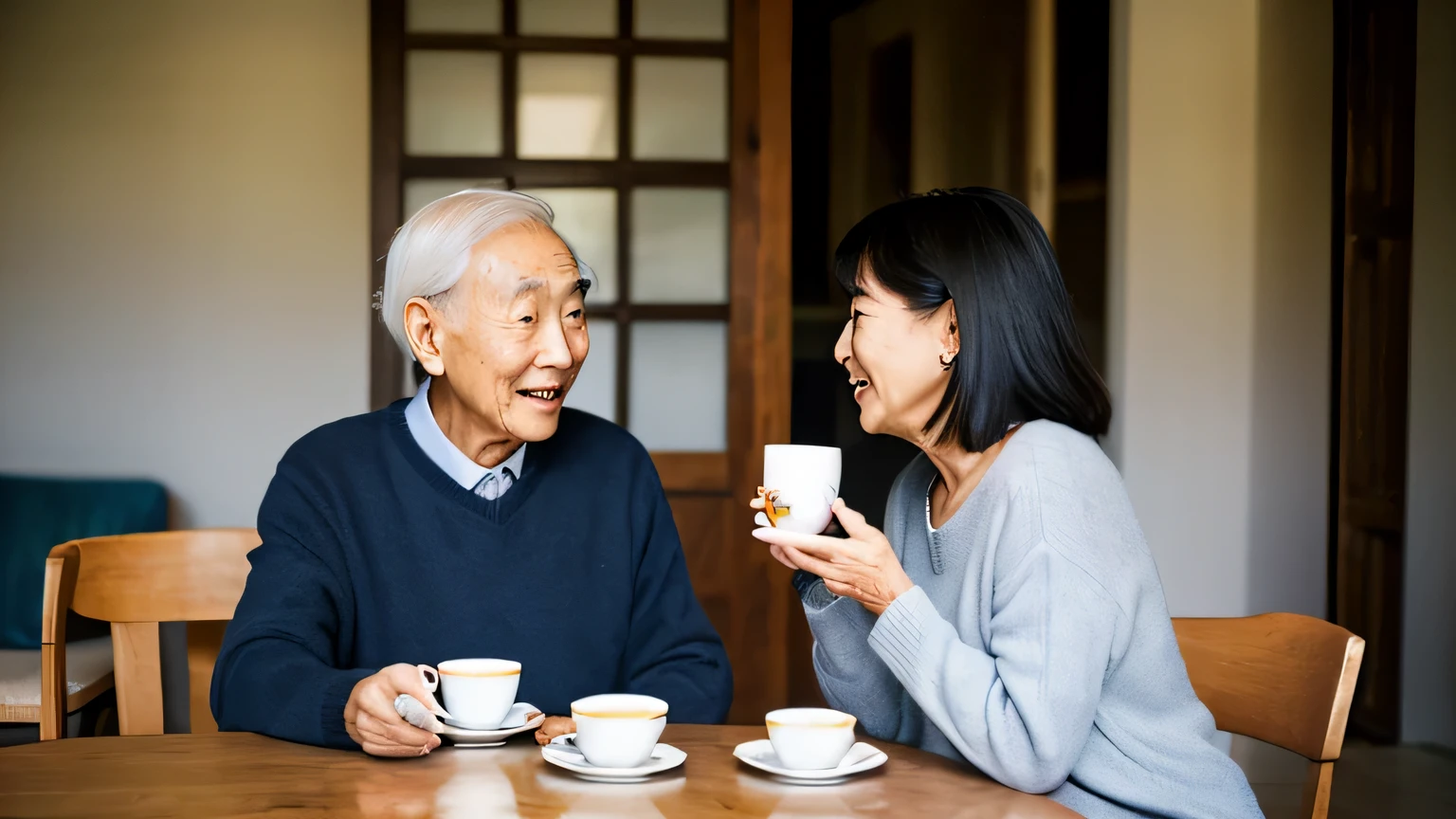 Asian elderly couple、in house、they are drinking tea facing each other