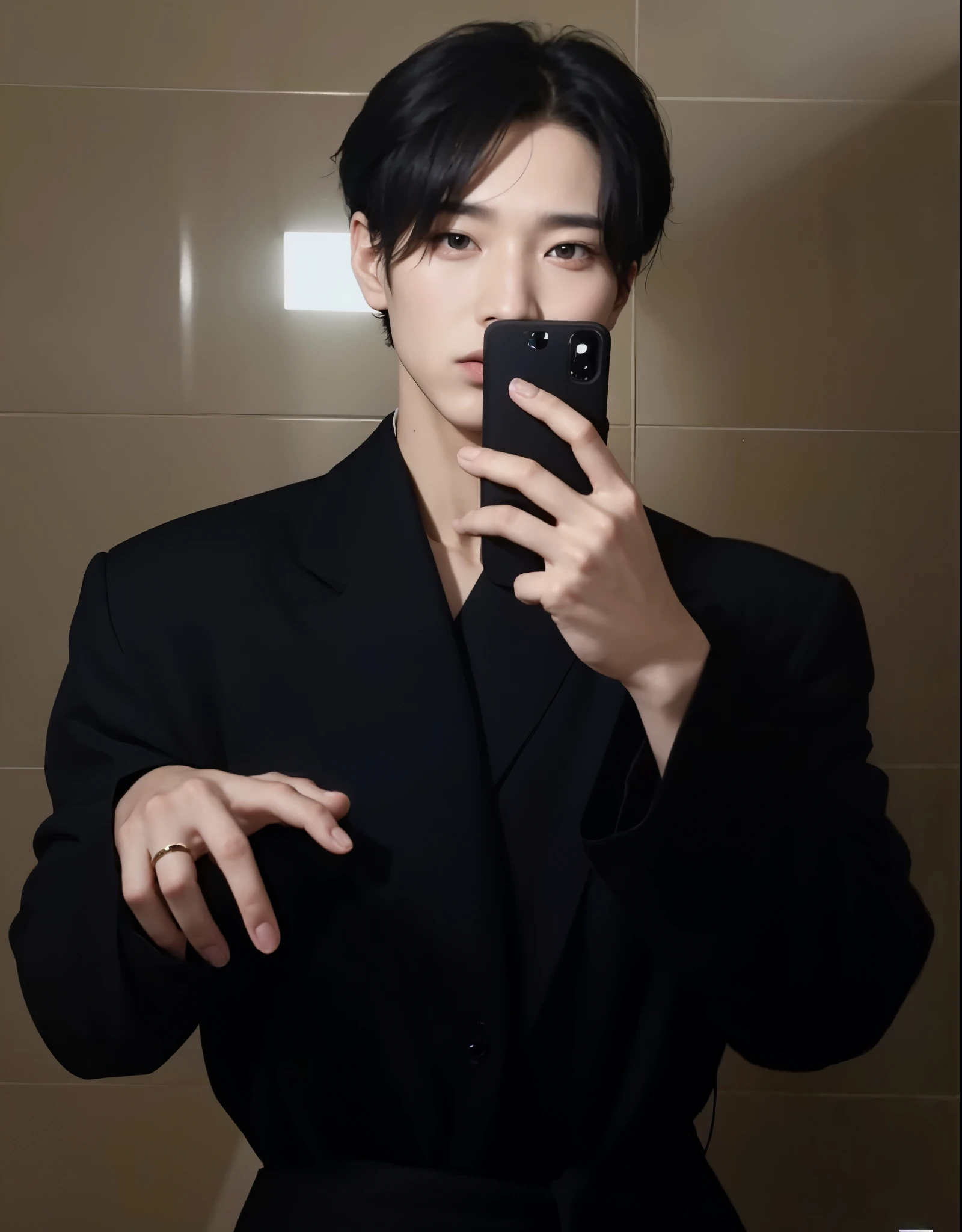 Arafed man in black suit taking a selfie in a mirror, kim doyoung, cai xukun, pintar ulzzang, jinyoung shin, tiene una forma de cabeza alargada, vistiendo un traje noble negro, jia, kim taejin, Jung Jaehyun, sha xi, Inspirado por Bian Shoumin, hyung tae, pale korean adorable face