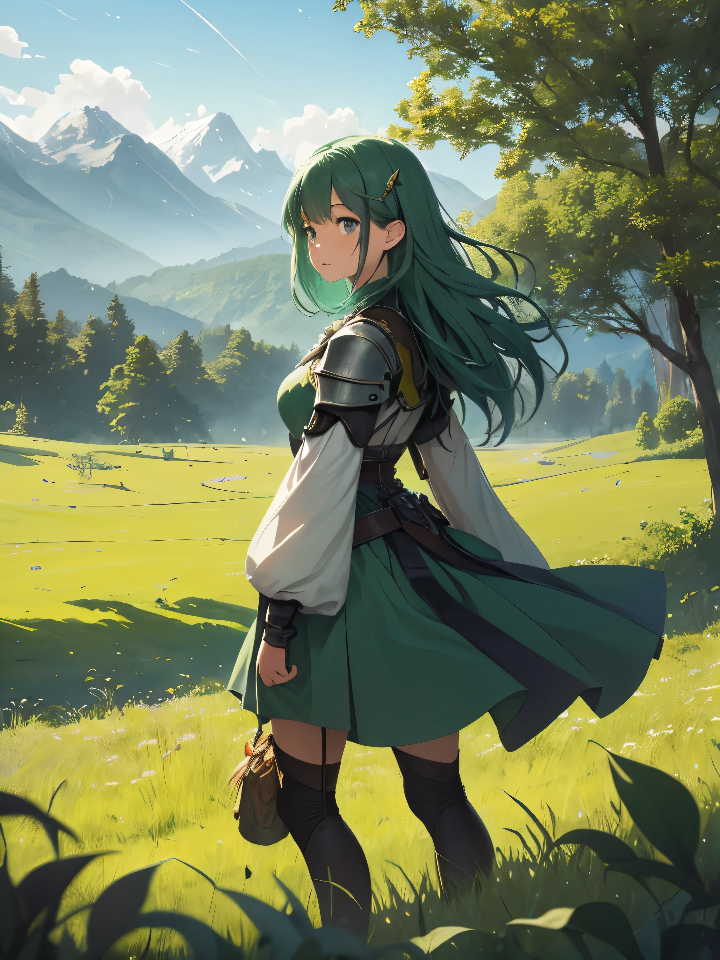 In a green meadow stands a girl leading a group of knights.
BREAK
With a brave expression, she guides them towards their destination.
BREAK
Behind her, a green forest stretches out and beyond that, mountains rise in the distance.
BREAK
The most suitable effect for this scene would be a watercolor painting technique to capture the softness of the meadow and the fluidity of the movement.