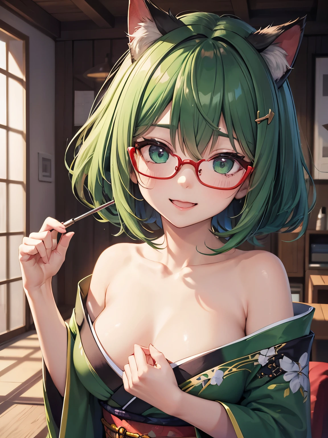 highest quality,wonderful,masterpiece,delicate,ultra high resolution,Super detailed,intricate details,beautiful,8K resolution,(Highly detailed CG Unity 8k wallpaper),sharp focus、1 female、Dark green hair、medium hair、vivid hair、Shaggy hair、Cat ear、big breasts、Glossy skin、、short、kawaii、beautiful瞳、Red-based green kimono、Hairpin、shoulder、sexy、smile、Pleasure、happiness、red glasses、