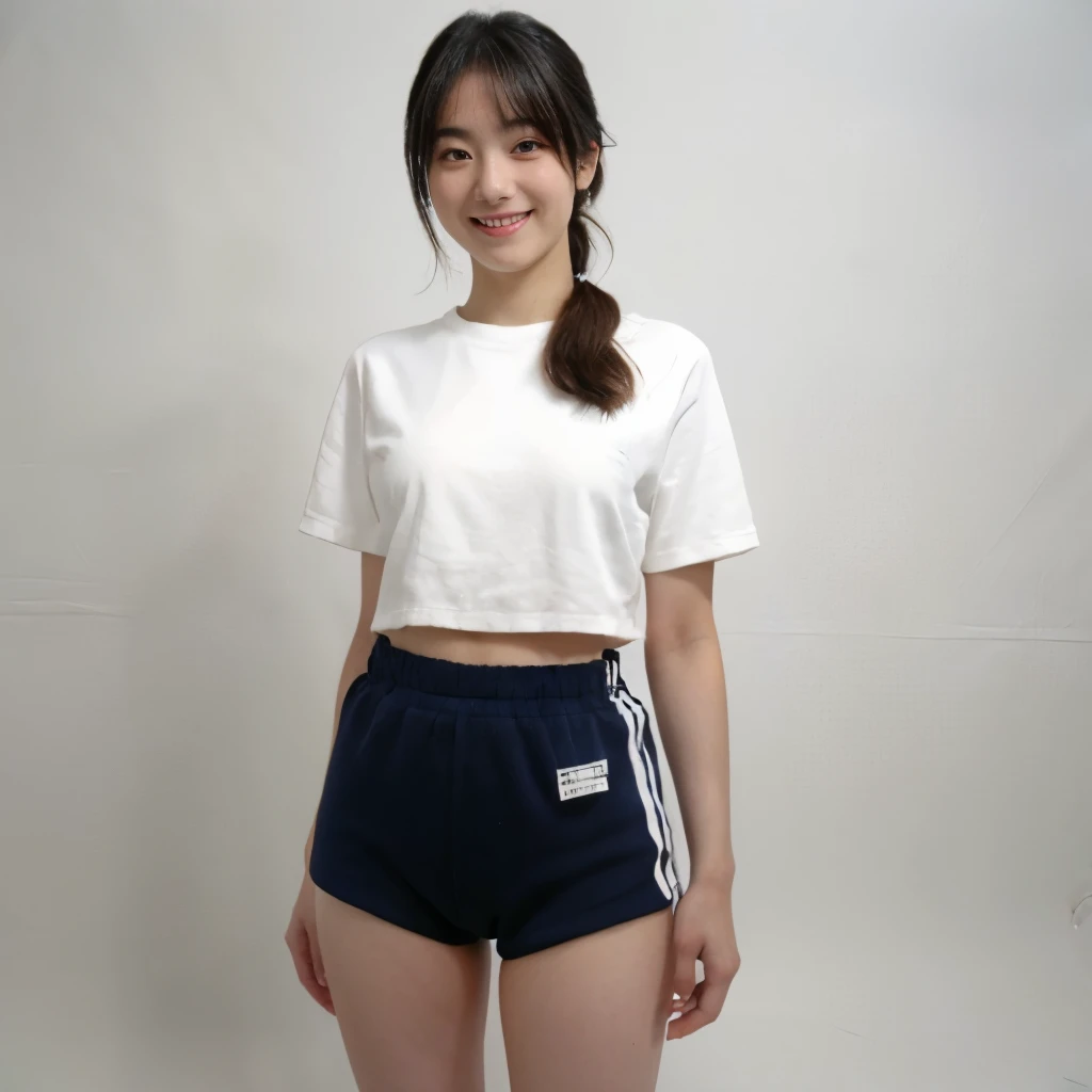 (white tightTshirt)),((Navy blue bloomers)) 、huge breasts、ponytail, japanese girl, 8K, ((full body shot)), highest quality, masterpiece, realistic, Photorealistic super detail, one girl, cute, best smile, beautiful eyes, long hair, perfect face,full body shot