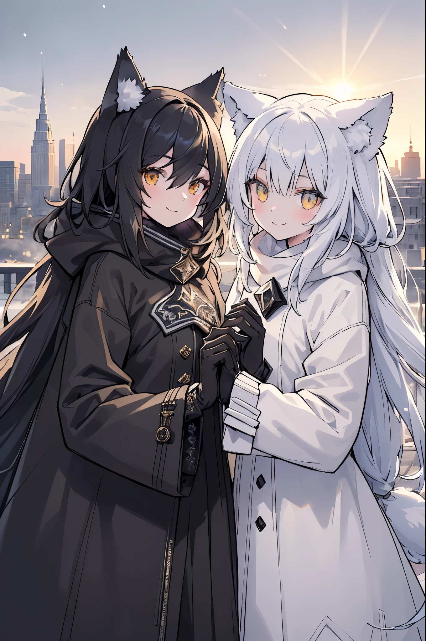 (best quality:1.05), 2 women, winter clothes, Detailed clothes, high quality winter clothes, intricate details, Gloves, smiling, cold, city, eye, eyeing, sun rays, shining, dawn, setting sun, wolf ears, black winter coat, dynamic lighting, intricate details, black mask, Looking at each other,