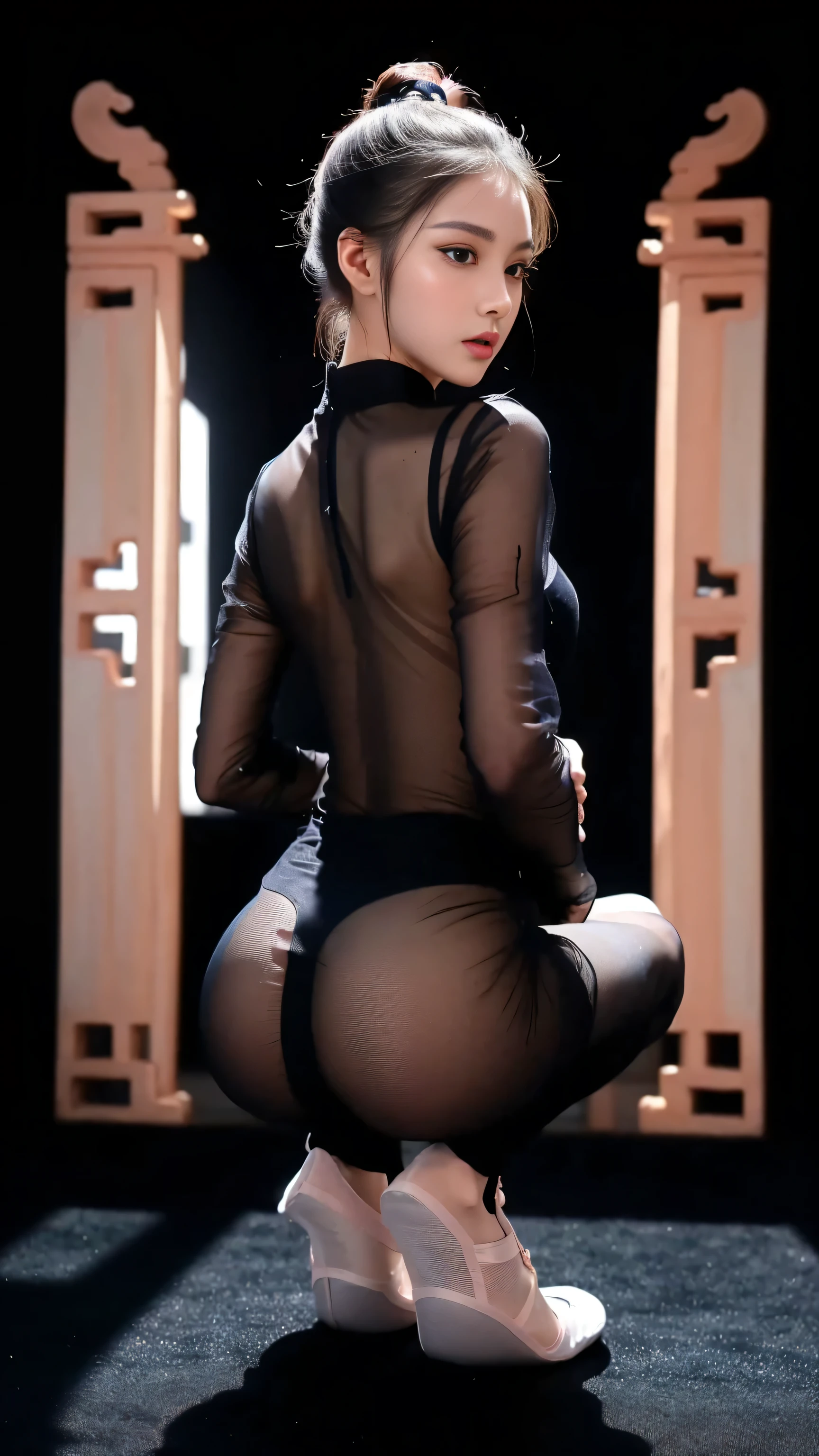 (best quality, 8k, 32k, masterpiece, ultra high definition:1.2), fashion model,18 years old,Sexy的头发,Sexy的腿,long legs,Sexy的臀,Perfect skin,拥有White skin的皮肤,((Chinese ballet dancer head shape,Sexy:1.4)),((Chinese ballet dancer back,Sexy:1.4)),,1 girl, (Sexy的腿,Sexy臀,White skin,focus,full of details,Amazing attractions), (beautiful pink shoes),((Pink navy see-through tight thong:1.3)),((Black Navy Transparent Tulle Hip Cover Long Dress,view:1.3)),take off shoulders ,bare neck,(halo:1.3)),buttocks,凸起Sexy, (((standing on black carpet,Squat down,Lie your upper body forward,hands on black carpet:1.3))), feet apart,(((The back of the body is facing the camera:1.4))),(((buttocks facing camera:1.4))), Peach blossoms in bloom,Chinese underwear series, NSFW, Full body back shot, light particles,see through,black background,Bottom light,((Bottom front view 1,3))