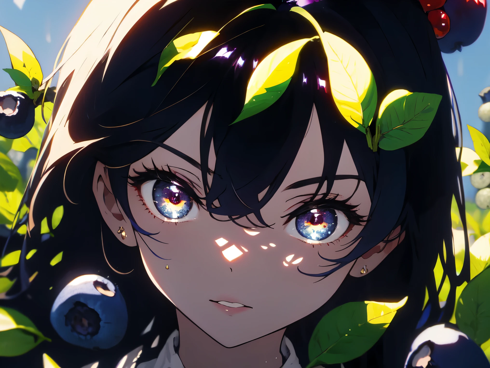 highest quality、masterpiece、Shining eyes、detail、1 girl, ((blueberry,fruit)),orchard background, black hair,anime