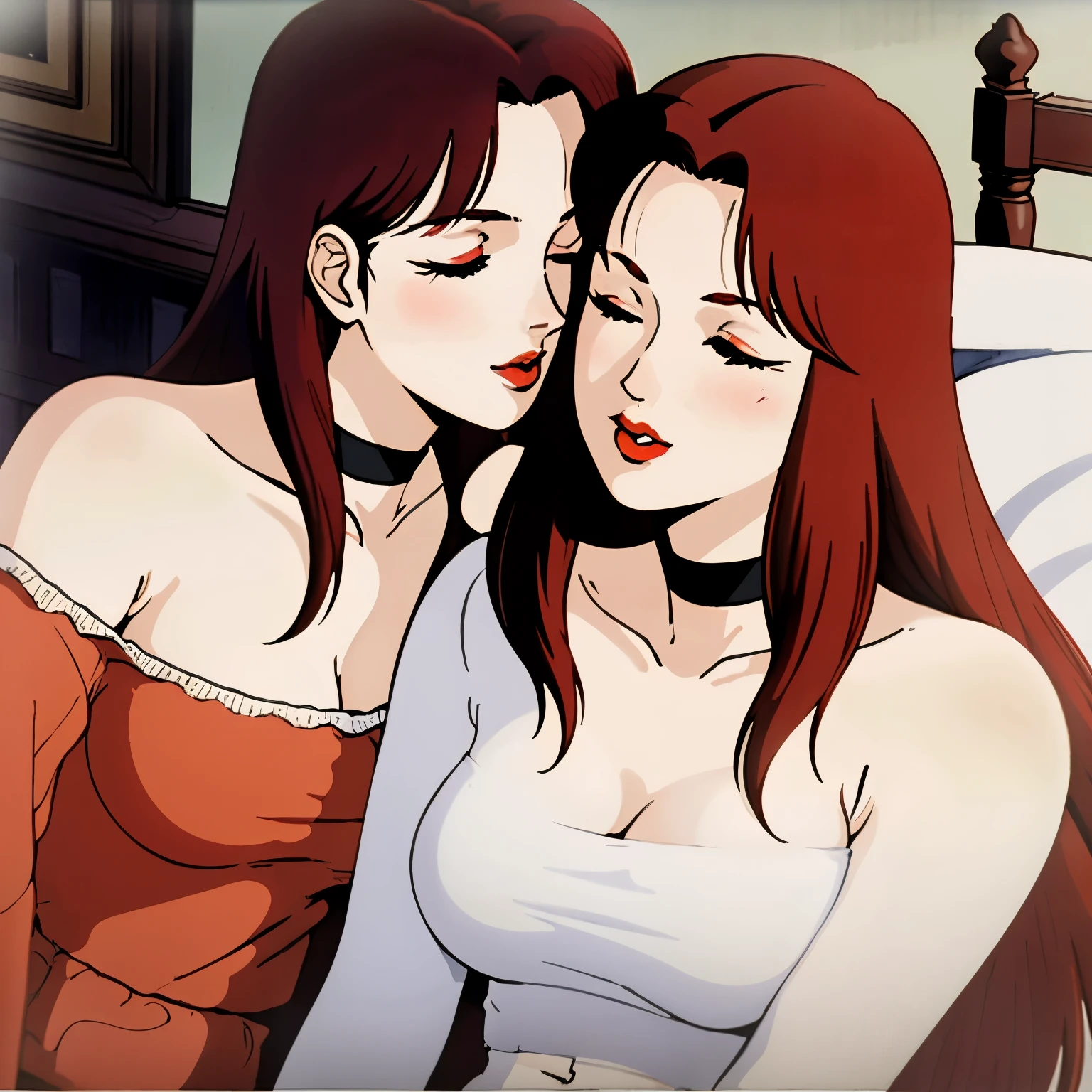 masterpiece,high quality,highres,nsfw, christinamackenzie,2girls, bedroom, thin body, curvy body, belly, hips, sexy clothes, kiss mouth,pucker kiss,smooch kiss, fondle, horny, eyes closed, (red lips:1.0), choker, face blush, (pale skin:1.2), long hair,parted bangs,red hair,green eyes, 