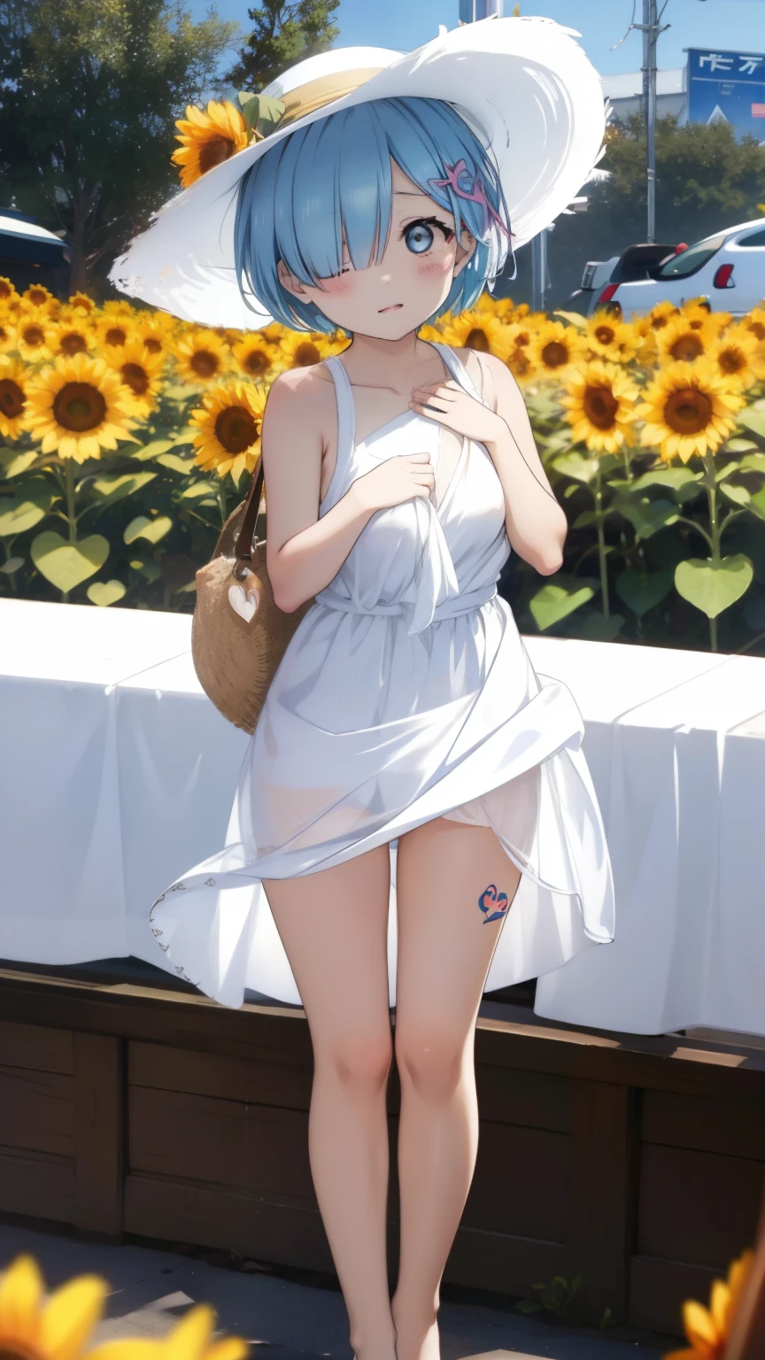 Re:Zero's Rem、light blue hair、short hair、table top、High resolution、many girls multiple girls、large crowd、lots of cute girls、big and full breasts、naughty body、See-through、throw、、whole body、Are standing、Look up at me、confused face、blush、embarrassing、Excited、white breath、black pantyhose、female shape'Private parts are clearly visible、I can see your nipples、white skirt、micro mini skirt、very short skirt、Many people々々々々々、in the crowd、裸chest of、show your chest、Upper grade、A lot of milk comes out from the nipples、Breast milk gushes from the nipple、publish one'chest of、show your chest、Naked things'chest of、straw hat、white dress、sunflower field、bangs that cover one eye、pink hairpin、white sandals、barefoot、barefoot、uterus tattoo