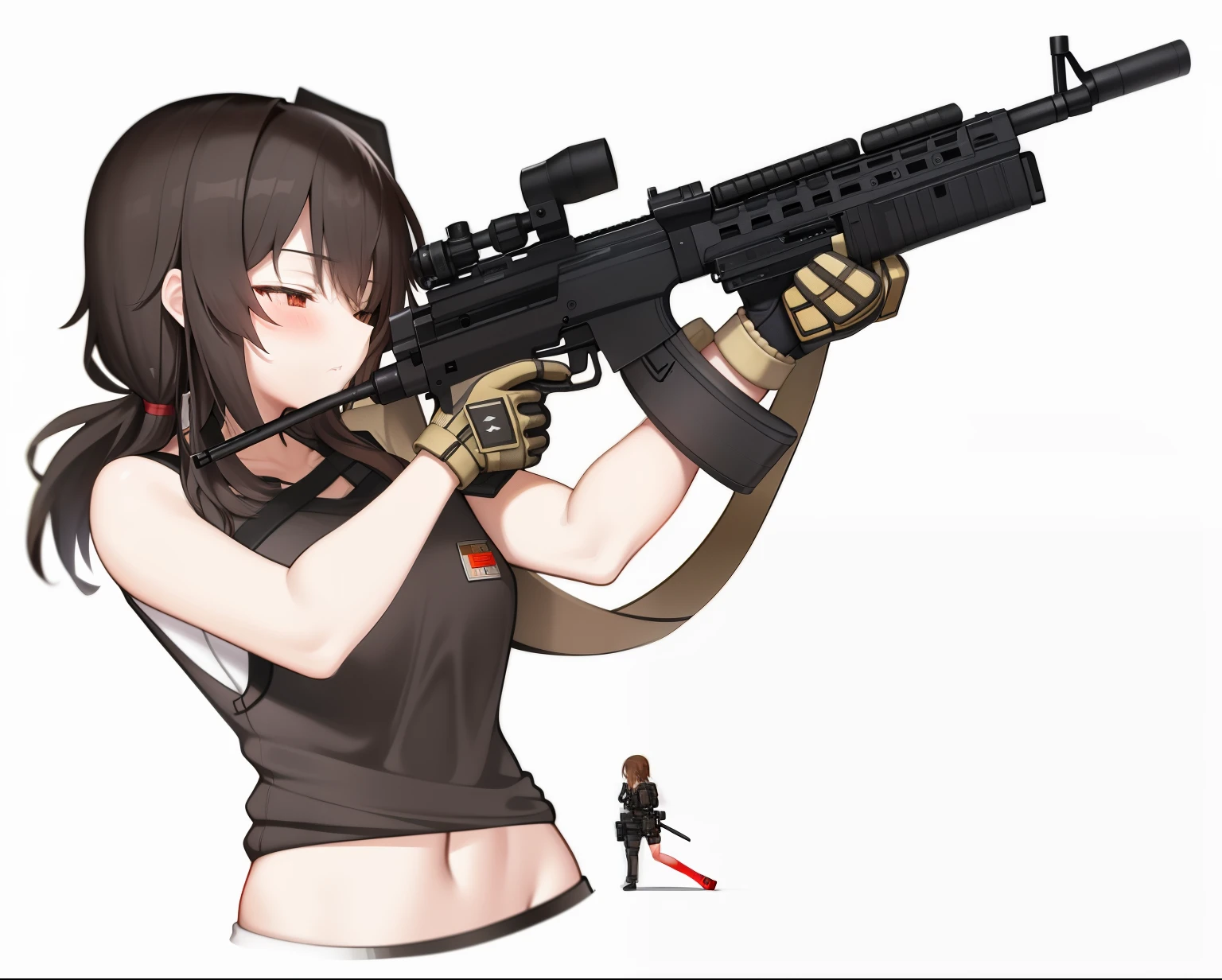Holding a rifle和枪的女人的卡通图片, Bring rifle, hold pdw, brandishing assault rifle, metal gear solid quiet v, anime machine gun shooting, metal gear solid quiet, m4 sopmod ii girls frontline, Holding a rifle, infantry girl, bad posture, sniper girl in war, fully armed, Cartoon rendering art style