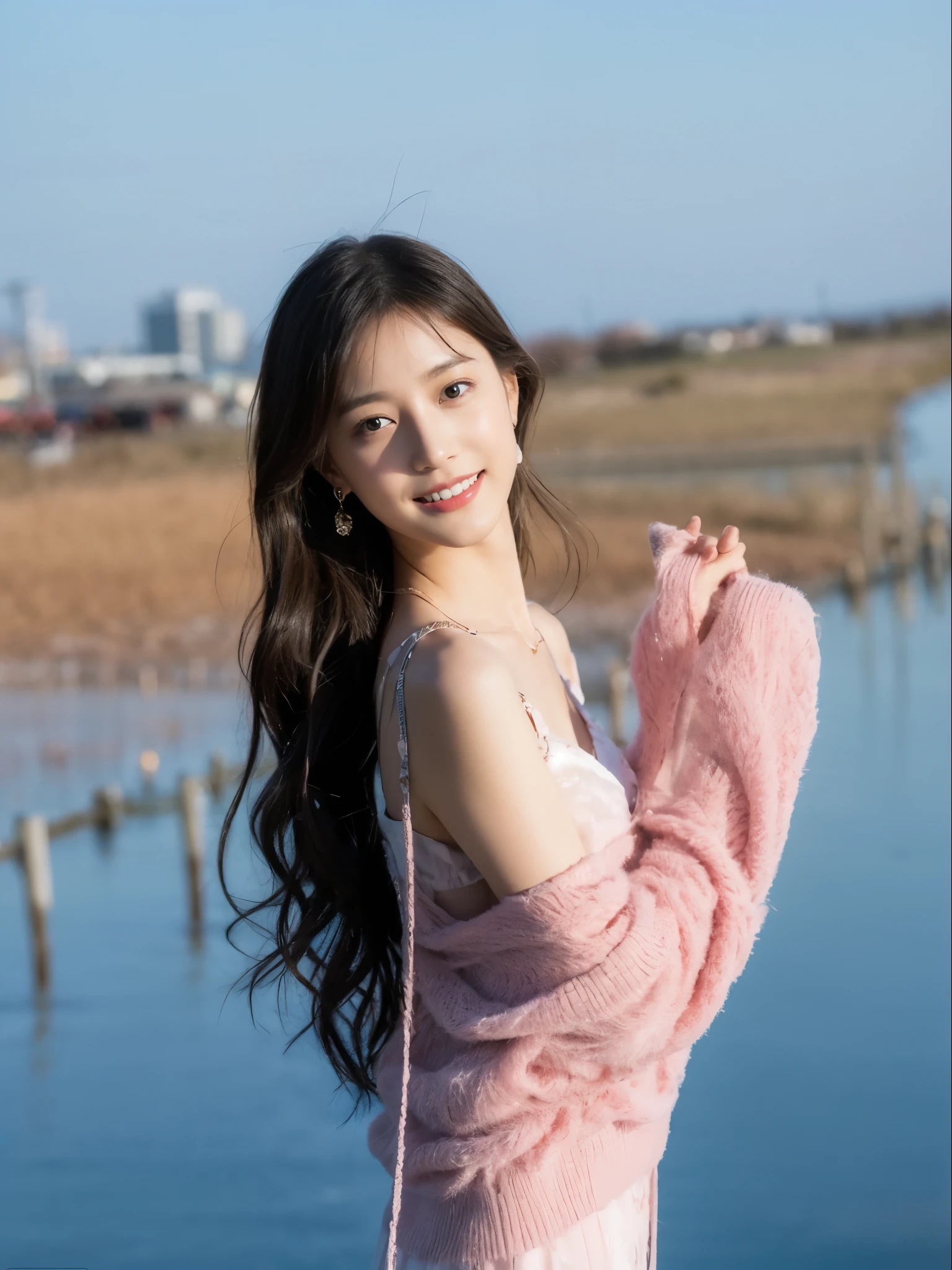 ((​Masterpiece, Top image quality, high resolution、alone、skin shiny))(on the table, best quality, actual, super detailed, meticulous, high resolution, 8k wallpaper),huge breasts， Close-up portrait of a beautiful woman, like, smiling, light brown messy hair, Perfect dynamic composition, 美丽meticulous的眼睛, Just like the cover of a fashion magazine, on campus，Gorgeous costumes，hot stamping clothing，One of them is wearing a pink tulle dress，long black hair、8-year-old girl wearing pink bow hairpin sitting on the ground holding balloons，The white buds do not exceed the knees，girl&#39;bedroom，pink girl&#39;Room decoration。