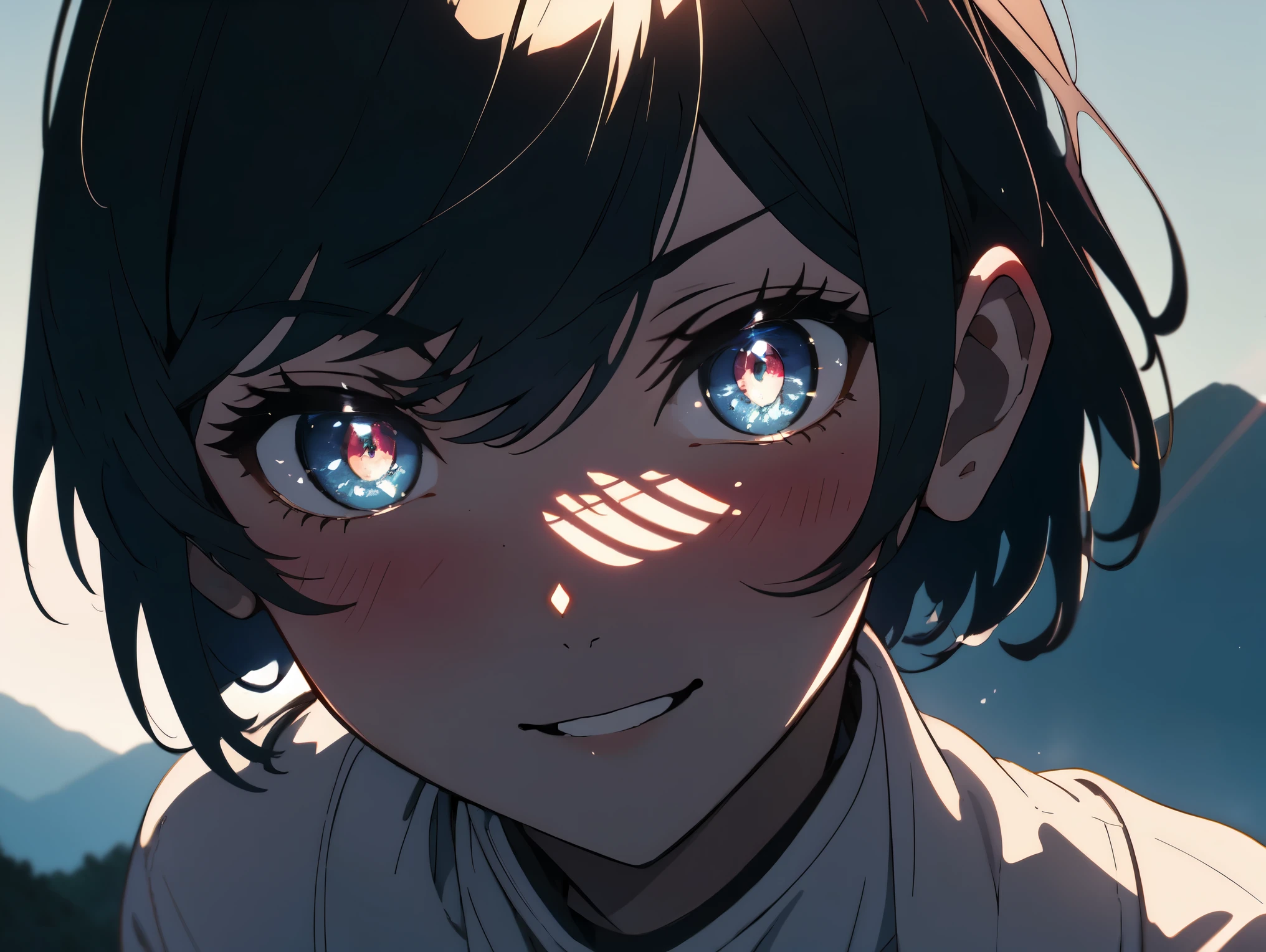 highest quality,masterpiece、Shining eyes、detail、 Upper body, smile, blush, outdoors, Day, simple background, blue null, short hair, null, temple, looking at the viewer, stage, Mountain, moody lighting, Face-to-face audience,anime art