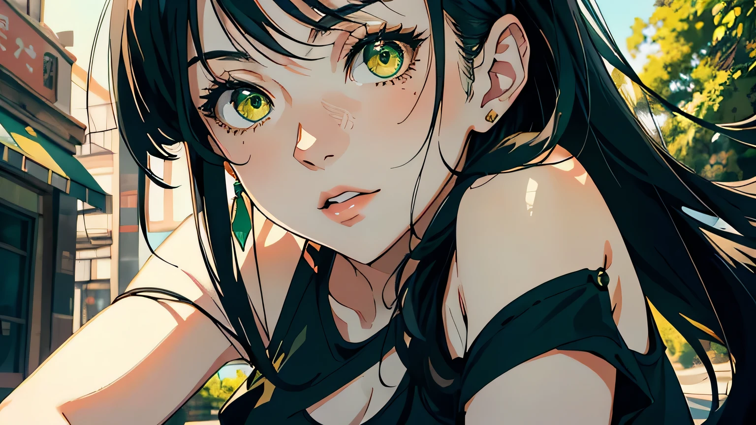 ((masterpiece, best quality)), (1girl, anime girl in retro style),(mature), (solo), (female focus), (black hair, long hair, straight hair),((green eyes, sharp eyes)) ((exposed shoulder, tank top)), pale skin, evil, vicious, portraits, close up, upper body, vibrant colors, soft lighting, half body shot