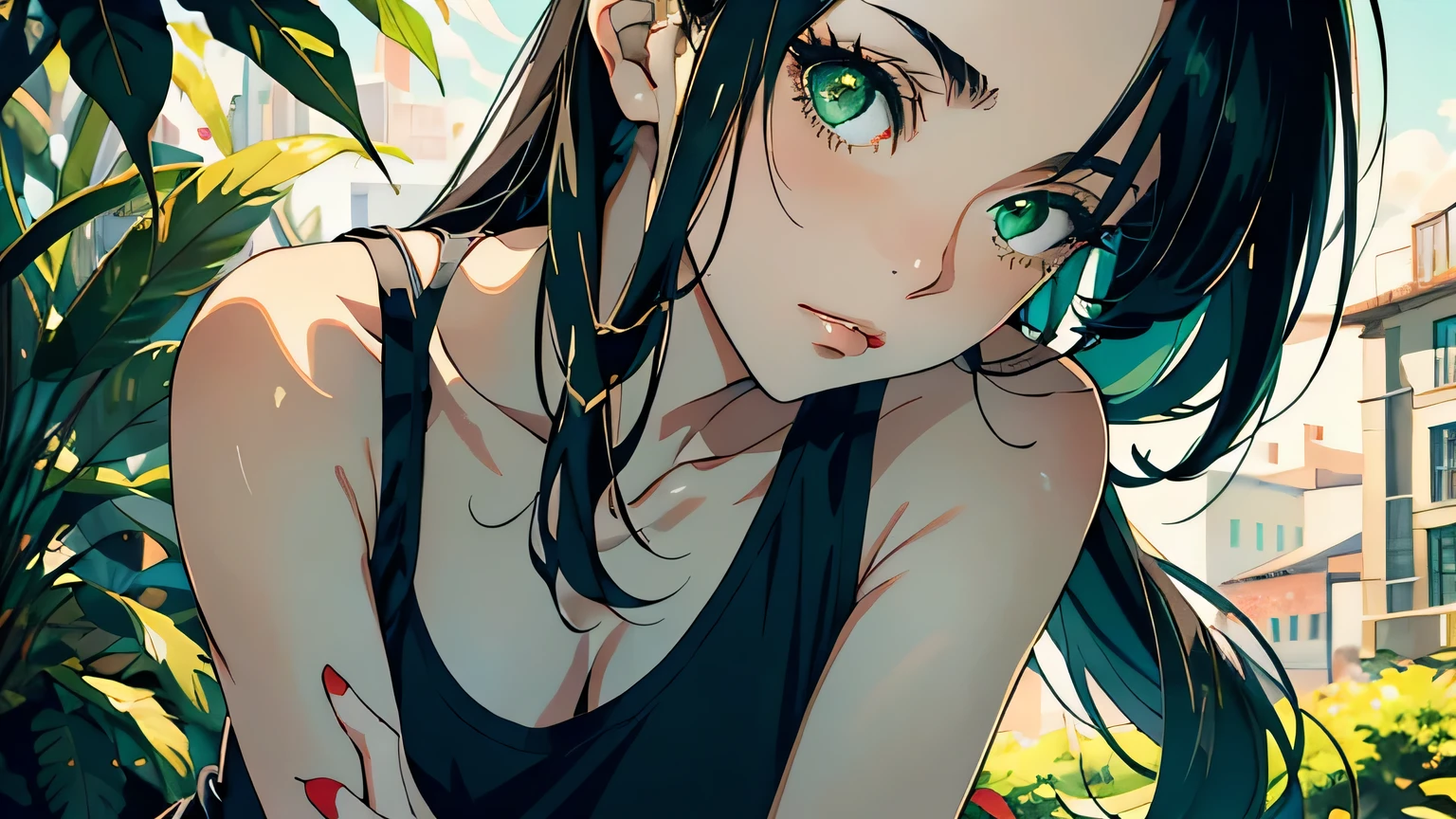 ((masterpiece, best quality)), (1girl, anime girl in retro style),(mature), (solo), (female focus), (black hair, long hair, straight hair),((green eyes, sharp eyes)) ((exposed shoulder, tank top)), pale skin, evil, vicious, portraits, close up, upper body, vibrant colors, soft lighting, half body shot