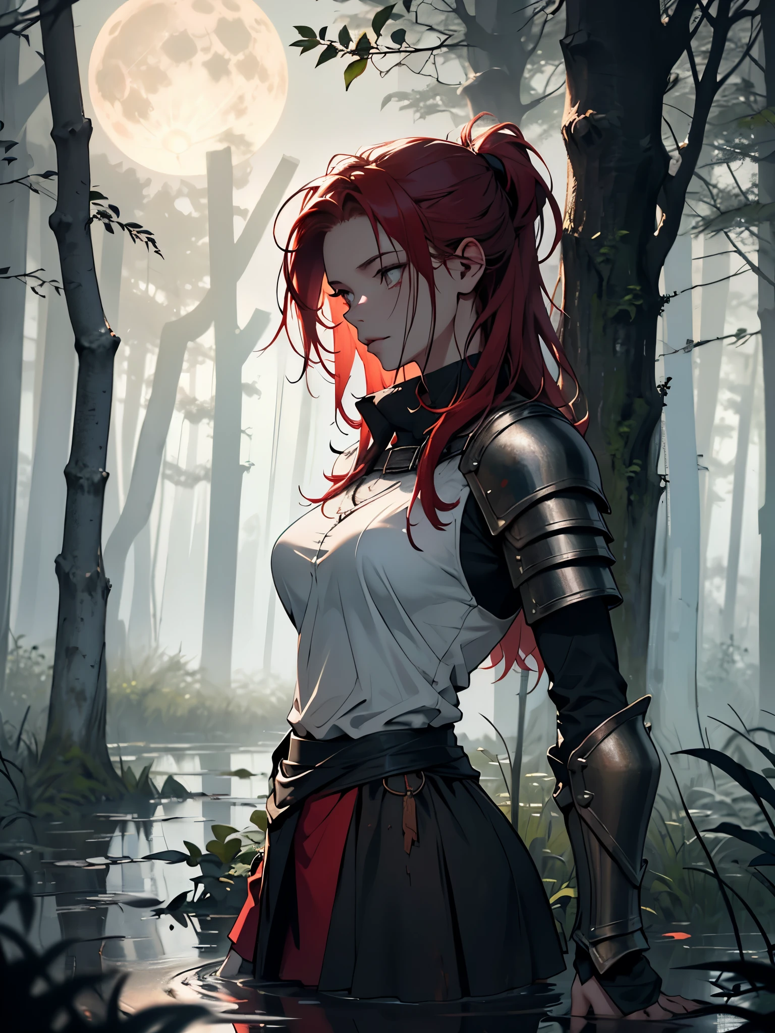 Red-haired woman, whole body submerged in mud, (Medieval armor with a hint of dark blue shade), completely dirty with mud, a short white skirt stained with mud. One woman, plunged in the mud, emerging from the swamp filled with clay. Amidst lots of rain on a rainy night, and a very dark night with sober weather, Nebrina compresses the entire forest. Forest night, bathed in the full moon with an abundance of clouds, ultra realistic bushes. Face fully covered in mud, body all dirty with mud in the swamp. Windy and falling leaves from the trees in an ultra-realistic forest, an ultra-dark forest, filled with fog