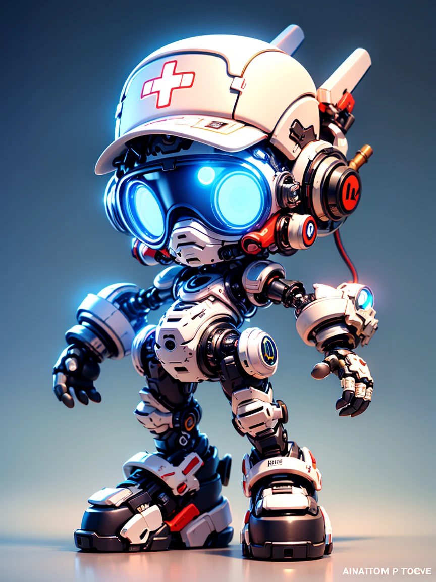 Pixar style, (Blind box toy style:1.2), (full-body shot) , 1 transparent cute mechanical nurse doll, Transparent mecha, Exquisite nurse hat:1.2, Luminous goggles:1.2, Colorful neon lights, High-tech mechanical parts, Metal body, Detailed mechanical metal design, bright colors, Dynamic glow, Reflective metal surface, bright environment, dynamic poses, Exquisite presence, skill improved, interlocking mechanical gears, Stylish design, motion blur effect, Detailed metal processing, Sci-fi atmosphere, Streamlined aerodynamic shape, Laser scanning pattern, Holographic projection, LED light track, beautiful and unforgettable, Advanced sensors, complex algorithm, Ominous and mysterious atmosphere, electric spark, Shiny chrome plating, Propulsion systems of the future, Clean, White background, (global illumination, Ray tracing, high dynamic range, Unreal rendering,Reasonable design, high detail, masterpiece, best quality, ultra high definition, light)，Chibi，locomotive，3d style