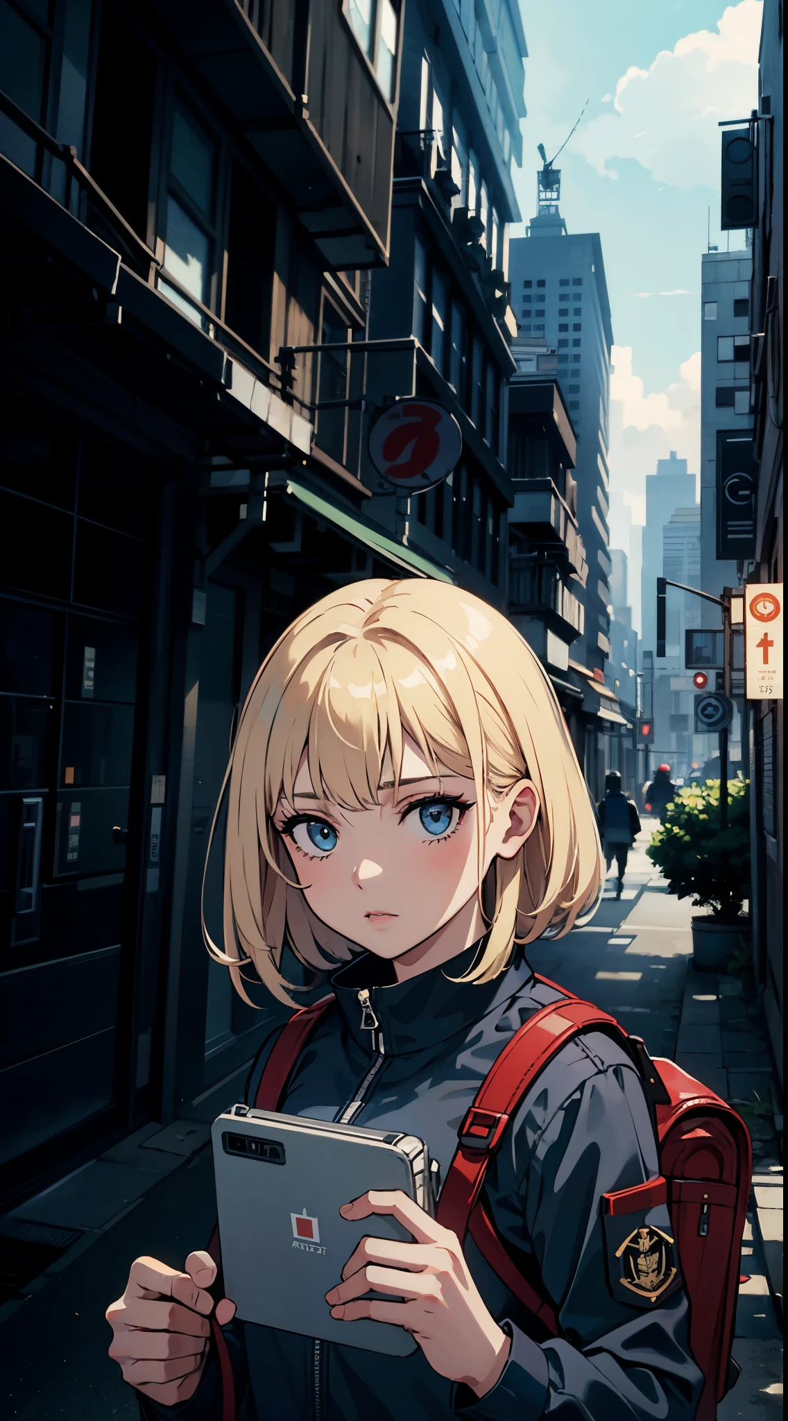 Masterpiece, portrait, 1girl, (military outfit, military suit, wearing backpack), apocalyptic. Damaged city background, holding strange artifact in hands, dramatic lighting, detailed face, high resolution, 