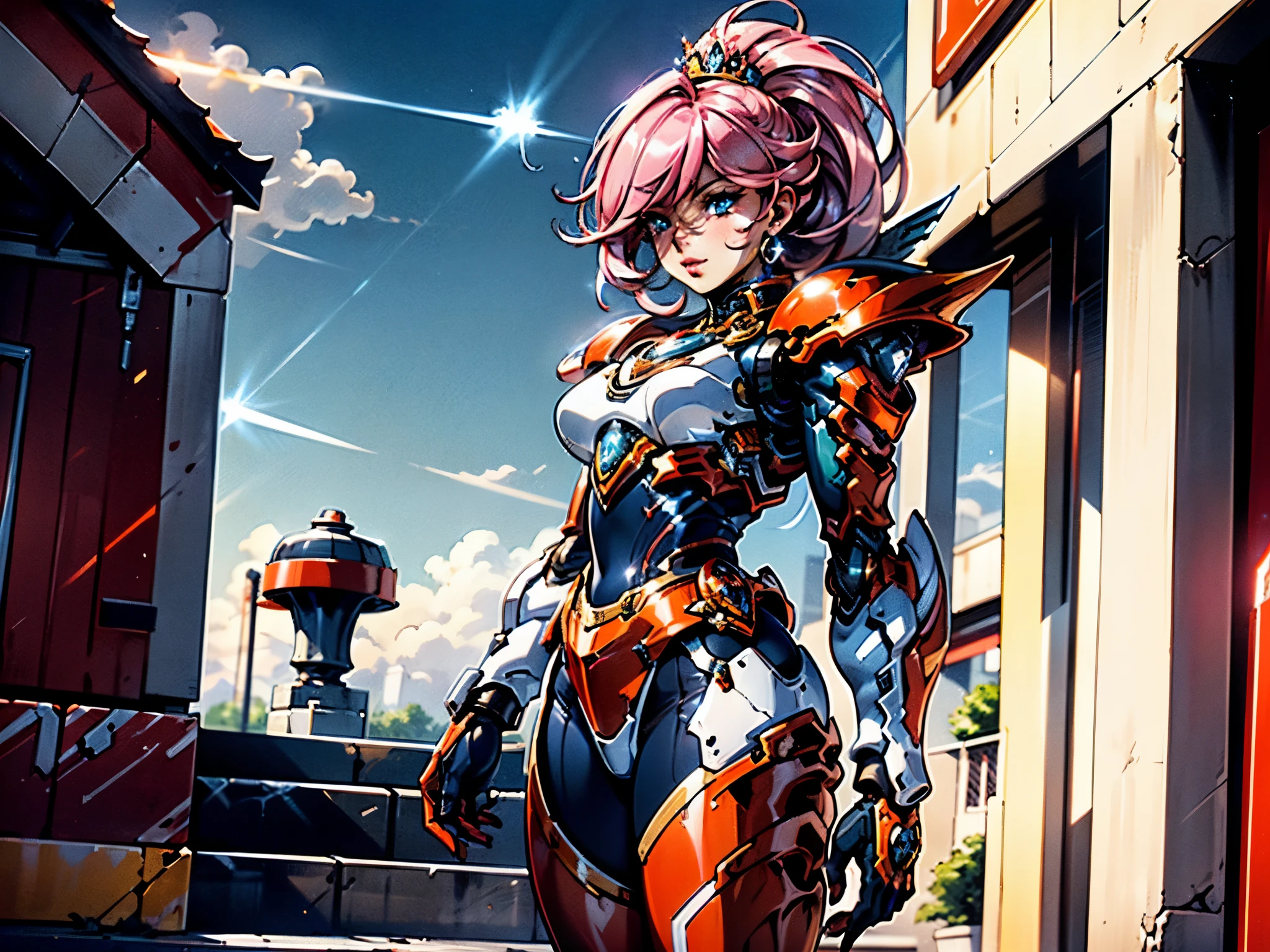 A woman adorned in fantasy-style full-body armor, a crown-concept fully enclosed helmet that unveils only her eyes, a composite layered chest plate, fully encompassing shoulder and hand guards, a lightweight waist armor, form-fitting shin guards, the overall design is heavy-duty yet flexible, ((the armor gleams with a golden glow, complemented by red and blue accents)), exhibiting a noble aura, she floats above a fantasy-surreal high-tech city, this character embodies a finely crafted fantasy-surreal style armored hero in anime style, exquisite and mature manga art style, (Queen bee mixed with Spider concept Armor, plasma, blood), ((Element, energy, elegant, goddess, femminine:1.5)), metallic, high definition, best quality, highres, ultra-detailed, ultra-fine painting, extremely delicate, professional, anatomically correct, symmetrical face, extremely detailed eyes and face, high quality eyes, creativity, RAW photo, UHD, 32k, Natural light, cinematic lighting, masterpiece-anatomy-perfect, masterpiece:1.5