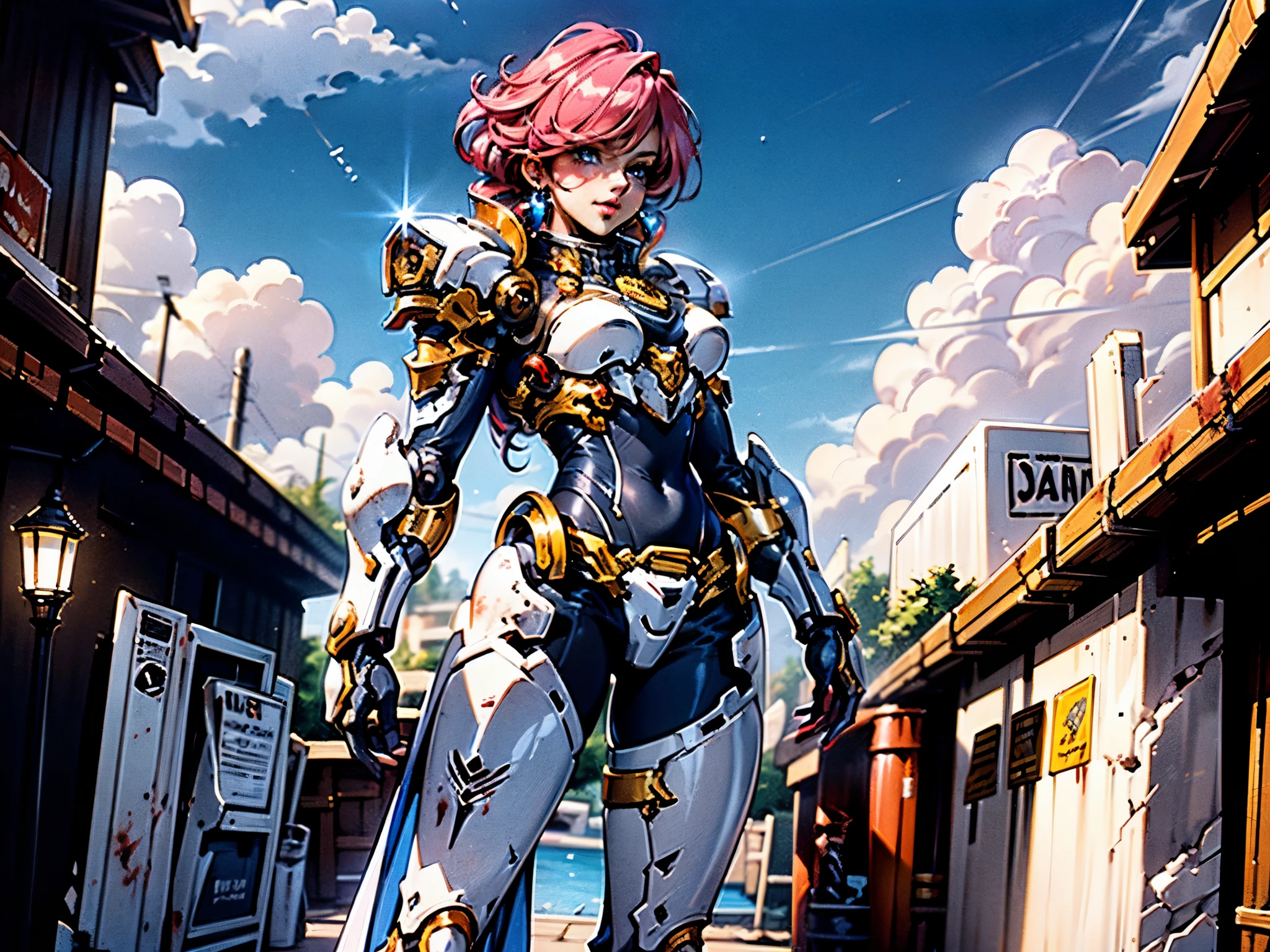 A woman adorned in fantasy-style full-body armor, a crown-concept fully enclosed helmet that unveils only her eyes, a composite layered chest plate, fully encompassing shoulder and hand guards, a lightweight waist armor, form-fitting shin guards, the overall design is heavy-duty yet flexible, ((the armor gleams with a golden glow, complemented by red and blue accents)), exhibiting a noble aura, she floats above a fantasy-surreal high-tech city, this character embodies a finely crafted fantasy-surreal style armored hero in anime style, exquisite and mature manga art style, (Queen bee mixed with Spider concept Armor, plasma, blood), ((Element, energy, elegant, goddess, femminine:1.5)), metallic, high definition, best quality, highres, ultra-detailed, ultra-fine painting, extremely delicate, professional, anatomically correct, symmetrical face, extremely detailed eyes and face, high quality eyes, creativity, RAW photo, UHD, 32k, Natural light, cinematic lighting, masterpiece-anatomy-perfect, masterpiece:1.5