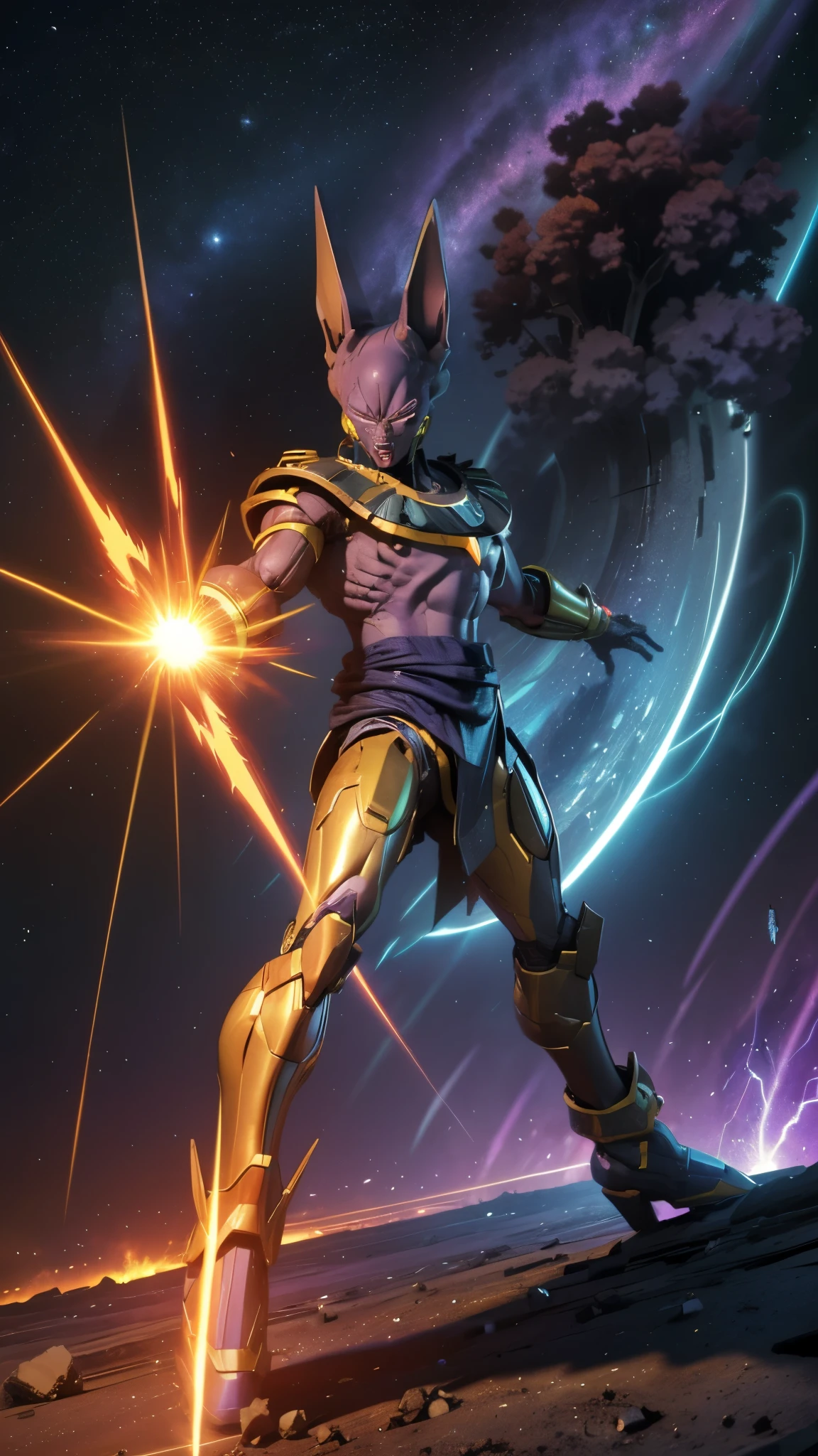 (highres:1.2),(realistic:1.37),character,Beerus,(anime),(robot),(fierce),(powerful),(godly strength),(golden aura),(intense battle scene),(destructive energy beams),(energy blasts),(explosions),(cosmic background),(detailed metallic body),(mechanical parts),(glowing eyes),(sharp claws),(awe-inspiring poses),(powerful energy waves),(aurora borealis lighting),(concentrated power),(epic showdown),(dynamic composition),(intense color contrast),(vivid shades of purple and blue),(sleek and futuristic design),(dramatic shadows and highlights),(captivating and menacing presence),(gigantic scale),(thunderous sound effects),(cinematic atmosphere),(epic soundtrack). (A bead of sweat trickles down from the opponent's forehead),(trembling with fear),(astic escape),(struggle to survive). (A magnificent explosion shakes the ground),(debris fills the air),(shockwaves ripple),(powerful shockwave),(shattering everything in its path). (As the battle rages on, the landscape around them becomes a wasteland of destruction),(ruined buildings),(crumbling infrastructure),(fire and smoke engulfing the surroundings),(devastation). (Despite the chaos, the artwork captures the raw power and intensity of the battle),(showcasing the clash between godly forces and advanced technology). (The artist skillfully portrays the tension and energy of the scene, creating a visually stunning composition that leaves the viewer in awe).