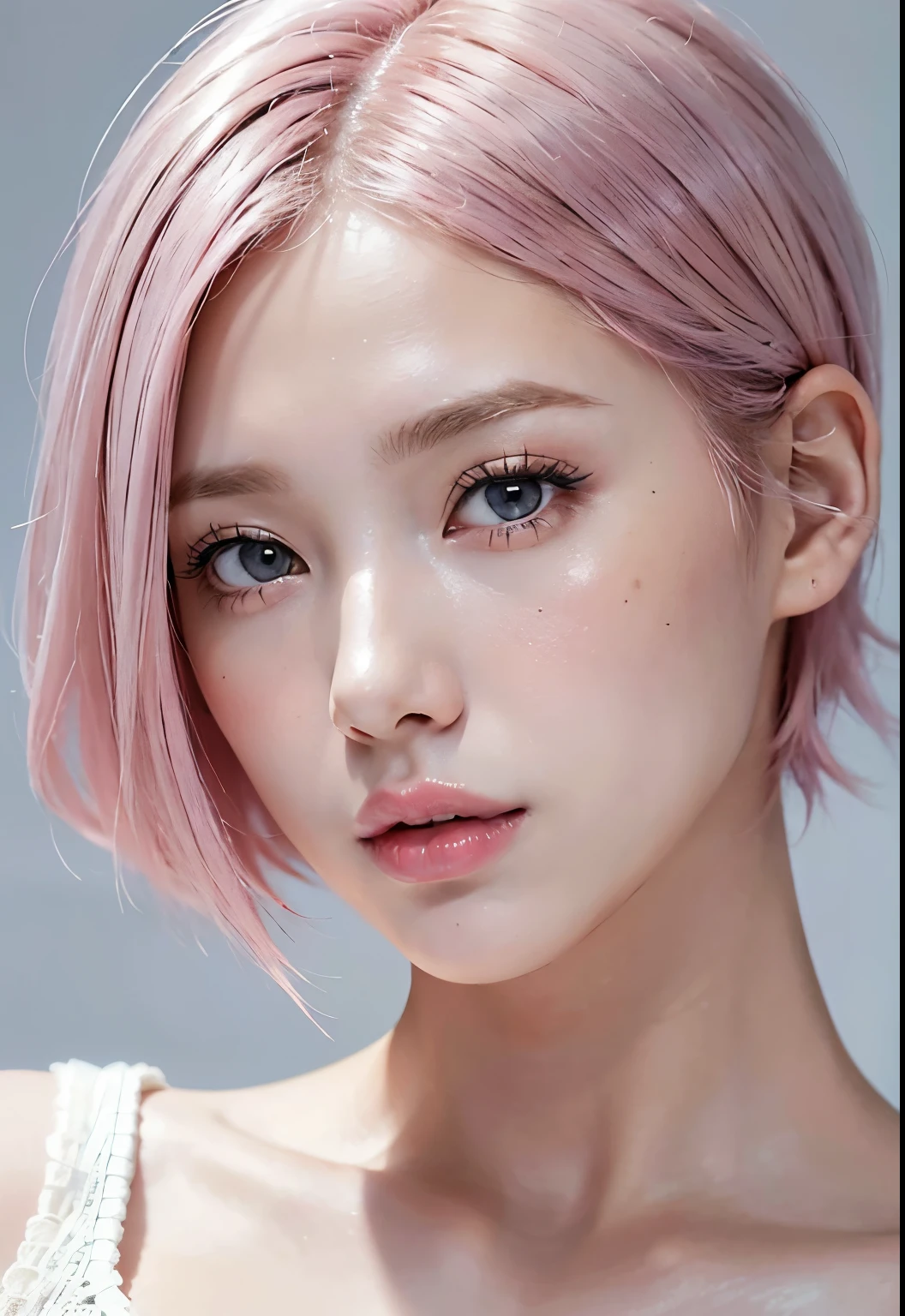 high quality,masterpiece,very detailed,High resolution,4k,ultra High resolution,detailed shadow,ultra realistic,realistic,dramatic lighting,1 girl,alone,detailed face,realistic eyes,realistic skin,dynamic pose,short hair cut,white background (masterpiece:1.3), (8k, photorealistic, RAW photo, 最high quality: 1.4), (1 girl), beautiful face, (realistic face), (pink hair, short hair:1.3), beautiful hairstyle, realistic eyes, detailed and beautiful eyes, (realistic skin), beautiful skin, (sweater), disorganized, Charm, ultra High resolution, ultra realistic, very detailed, golden ratio