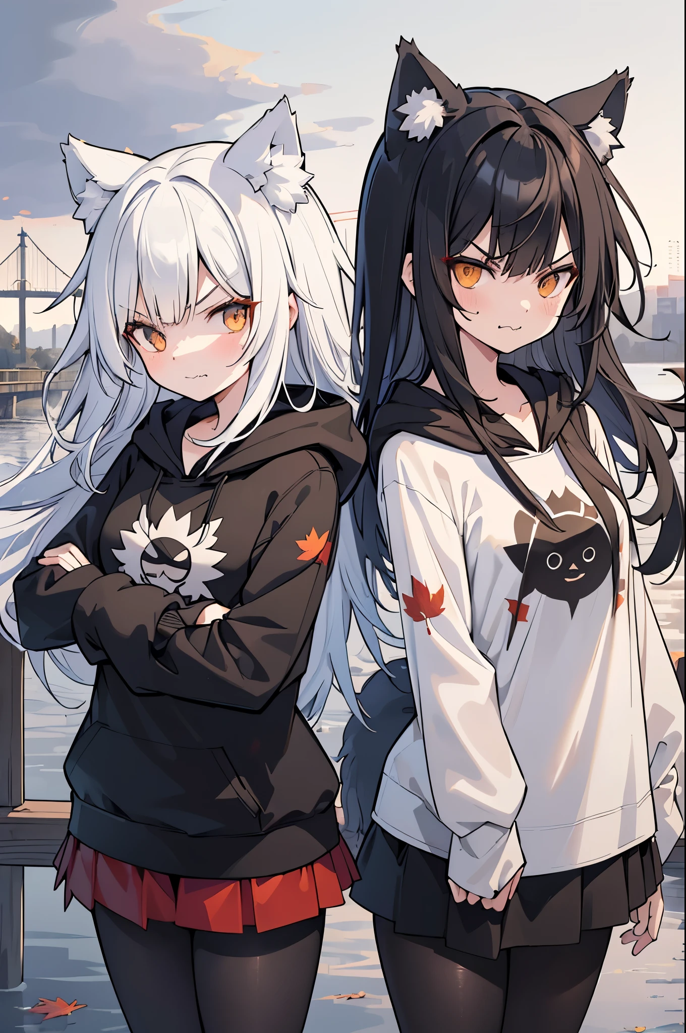 autumn, muffler, Two women in their twenties, Maple leaf, pantyhose, hood T-shirt, short skirt, Detailed clothes, maple, Raise one side up, angry face, smiley face, wolf ears, black straight hair, white straight hair, on the bridge, river, 