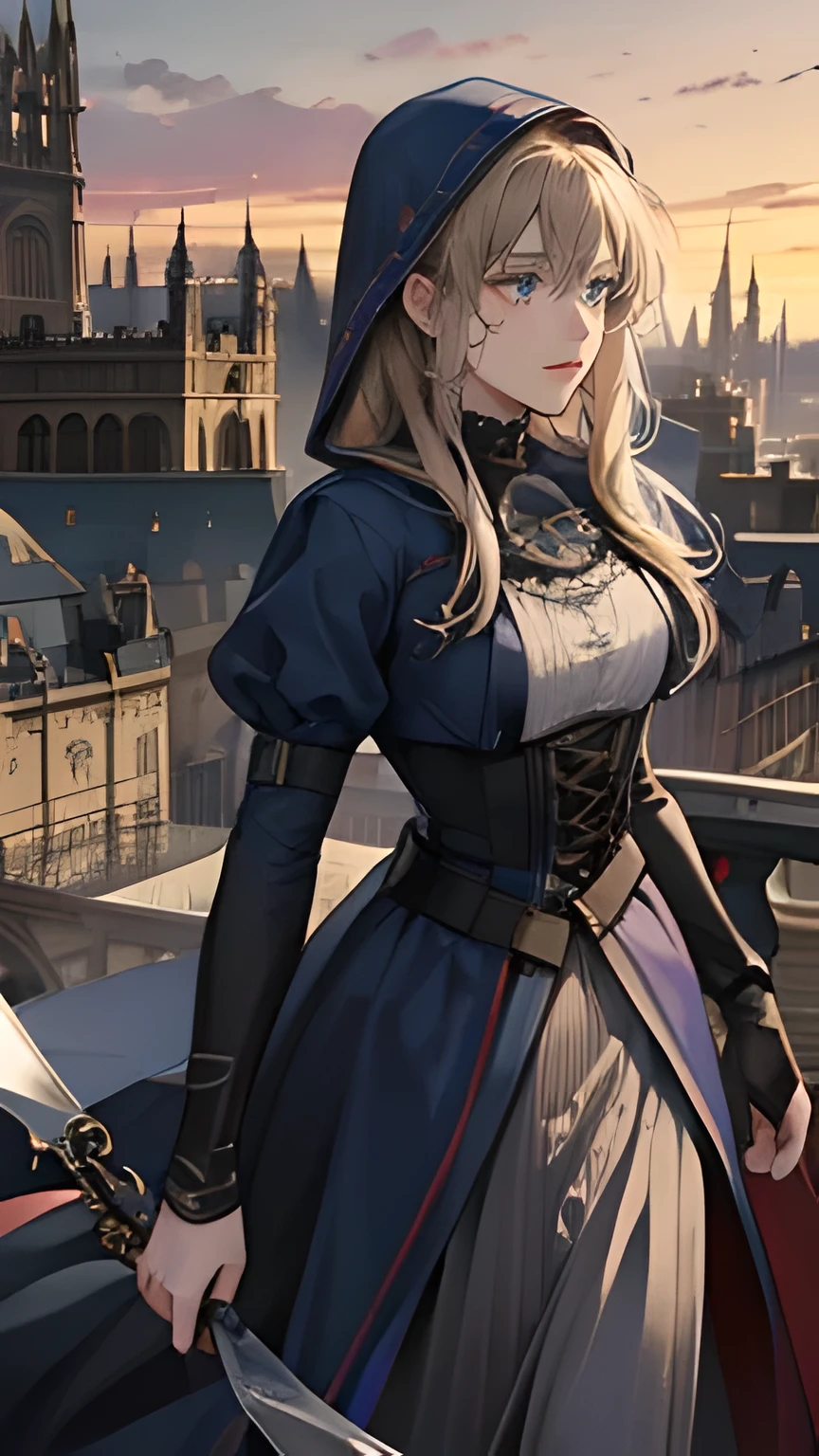 Violet evergarden, wearing an assassins hood, on roof top in England, Victorian era, dark blue attire, metal prosthetics arm, assassin gauntlet