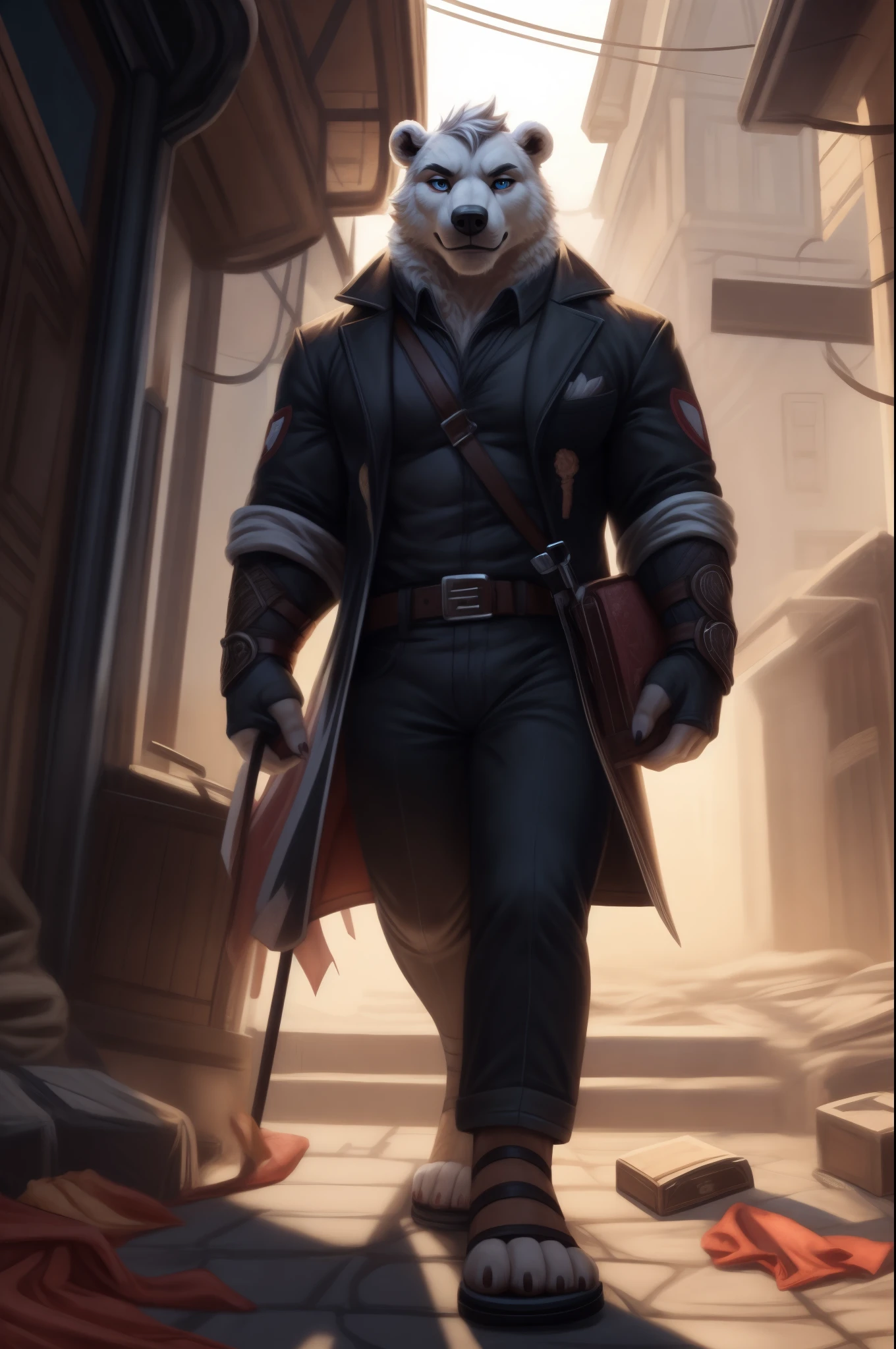 Barefoot furry character, full body, furry boy.
Polar bear, denim pants, black walking sandals, nice feet paws
BREAK, detailed background, 8K, (masterpiece), intricate details, highly detailed, extreme detail, best quality, highres, (detailed face), nice face, ((full_body)), UHD, ((perfect hands)), ((clean anime))