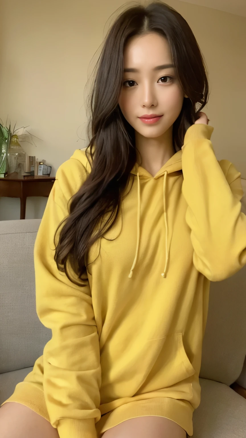 ((top-quality、8k、masterpiece:1.3))、Beautiful woman with perfect body:1.4、slim abdomen:1.2、Longhair, normal breast, Highly detailed facial and skin texture, A detailed eye, delicate eyes, double eyelid, (smile), (full body shot), ((living room)), (sitting on sofa), ((wearing yellow hoodie)), looking in front