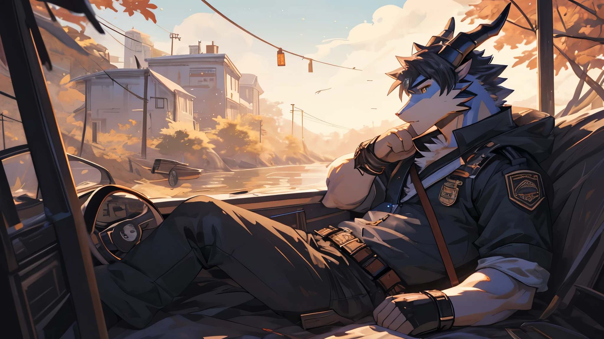 masterpiece, alone, cool pose, Furry light blue dragon, moderate intensity body, golden eyes, Gray medium hair, combat black shirt, combat gloves, combat pants, Handsome, nice,morning,wild camping, Leisure relaxation background.