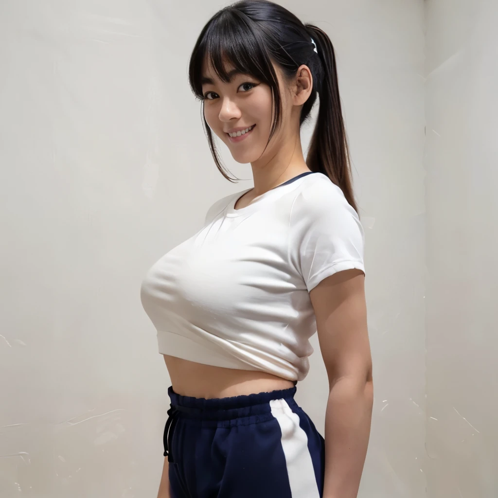 (white tightＴshirt)),((Navy blue bloomers)) 、huge breasts、ponytail, japanese girl, 8K, ((full body shot))， highest quality, masterpiece, realistic, Photorealistic super detail, one girl, cute, best smile, beautiful eyes, long hair, perfect face,full body shot