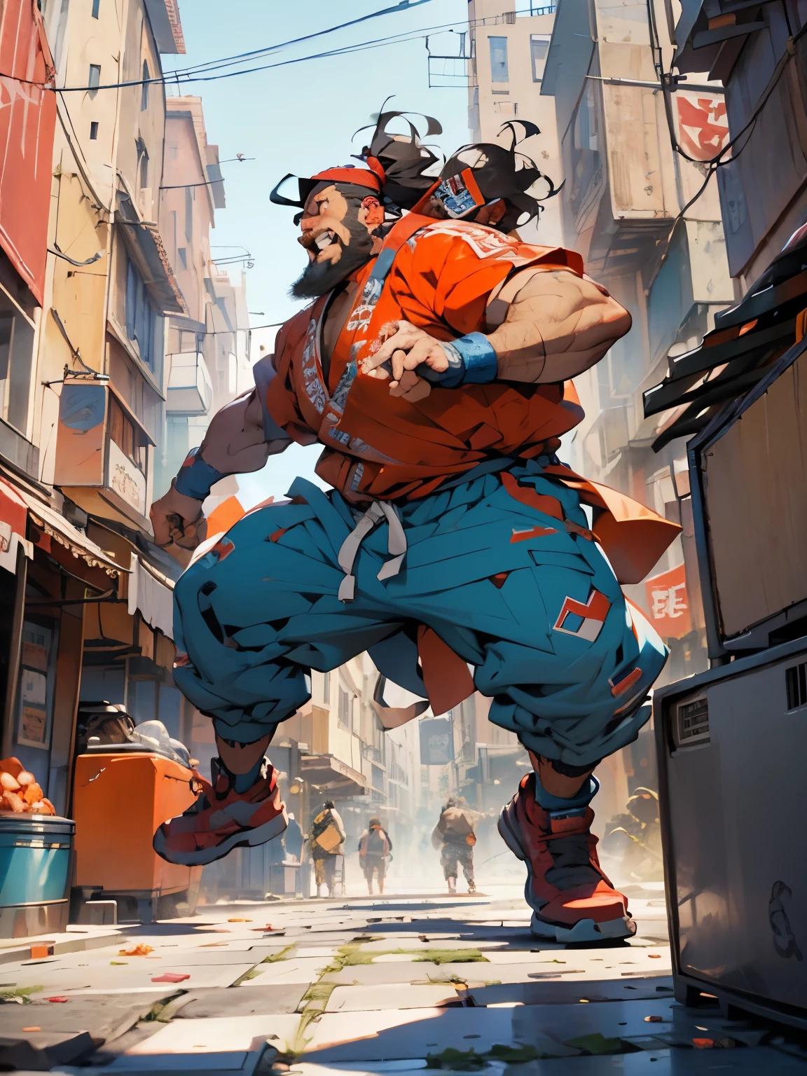 Fat Sumo fighter, 8k, alta qualidade, multiple colors, hip hop clothed, boombox, turntables, speakers, vinyl records, epic, Rome streets background