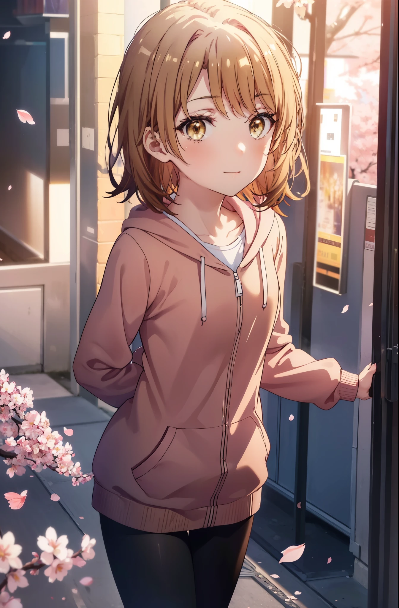 irohaisshiki, iroha isshiki, short hair, brown hair, (brown eyes:1.5), blush,smile,open your mouth,pink hoodie,short denim pants,black tights,knee high boots,Lots of cherry blossoms are blooming,Cherry blossoms are scattered,put both arms behind one&#39;s back,slouch,
break indoors, Cherry blossom tree-lined path,
break looking at viewer,whole body,Upper body,
break (masterpiece:1.2), highest quality, High resolution, unity 8k wallpaper, (shape:0.8), (thin and beautiful eyes:1.6), highly detailed face, perfect lighting, Very detailed CG, (perfect hands, perfect anatomy),