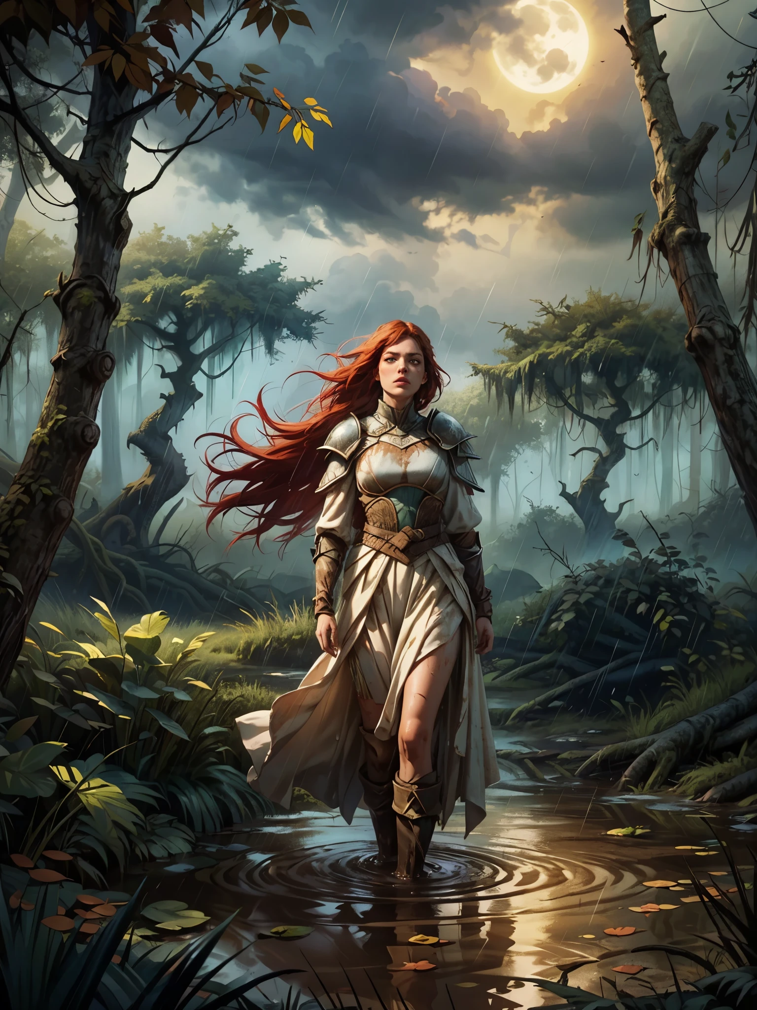 Red-haired woman, whole body submerged in mud, (Medieval armor with a hint of dark blue shade), completely dirty with mud, a short white skirt stained with mud. One woman, plunged in the mud, emerging from the swamp filled with clay. Amidst lots of rain on a rainy night, and a very dark night with sober weather, Nebrina compresses the entire forest. Forest night, bathed in the full moon with an abundance of clouds, ultra realistic bushes. Face fully covered in mud, body all dirty with mud in the swamp. Windy and falling leaves from the trees in an ultra-realistic forest, an ultra-dark forest, filled with fog