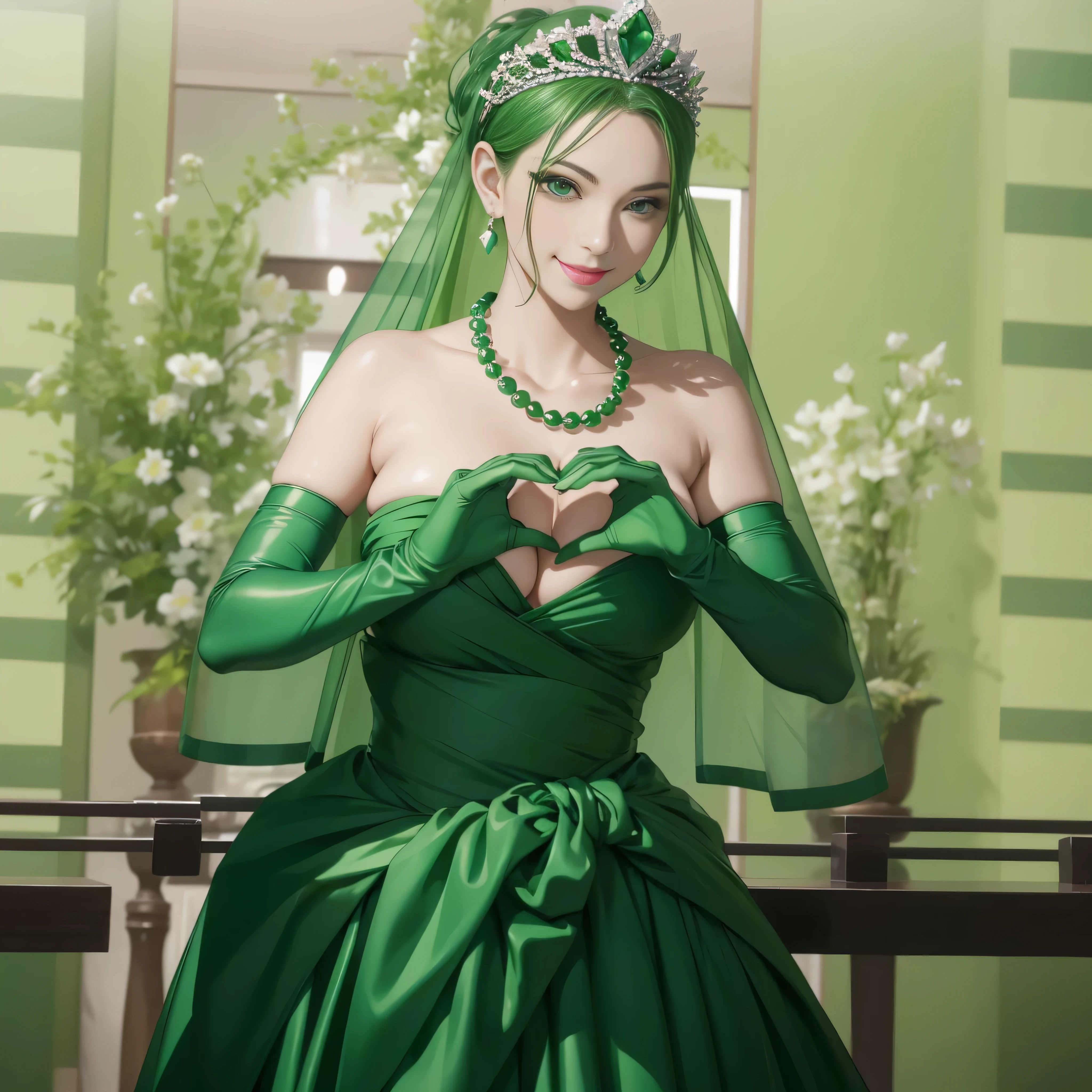 emerald tiara, Green Pearl Necklace, ボーイッシュな非常に短いgreen hair, green lips, smiling Japanese woman, very short hair, Beautiful woman with big breasts, green eyes, green satin long gloves, green eyes, emerald earrings, Green veil, Heart with both hands, green hair, beautiful japanese woman, heart shaped hands:1.3, green lip gloss