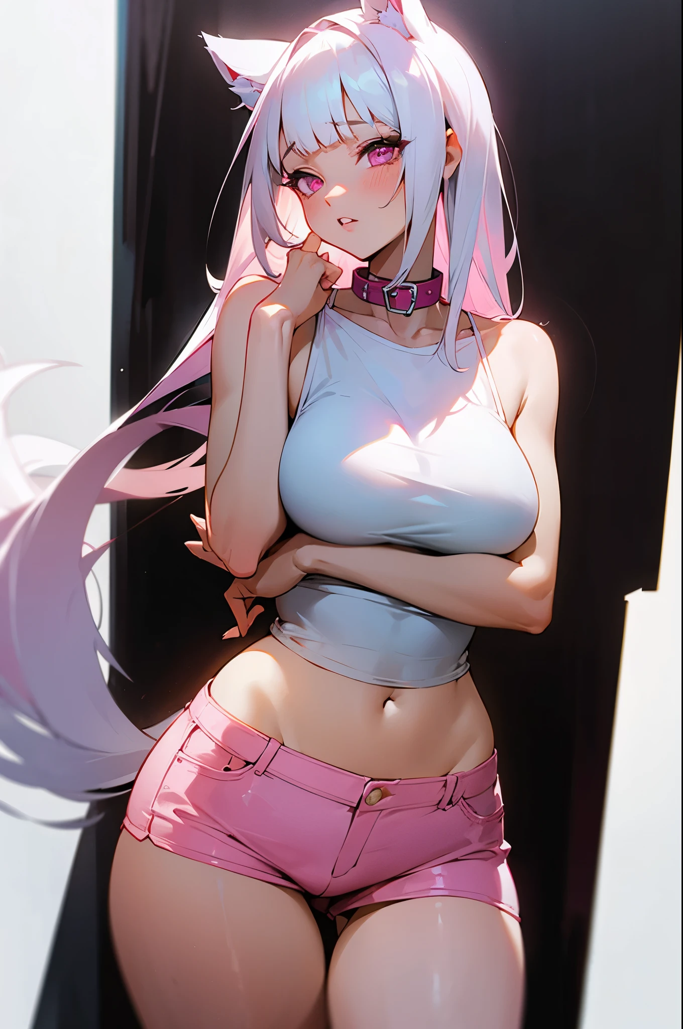 1 girl, long white hair, blunt bangs, light pink eyes, big breasts, Perfect body slim curves, thick lips, open lips, soft aesthetic, Shy, Sensual, Wearing a pink camisole, Wearing pink shorts, Pink and white dog ears, pink dog tail, pink collar, out of town background, Ridiculous, high resolution, Super sharp, 8k, masterpiece