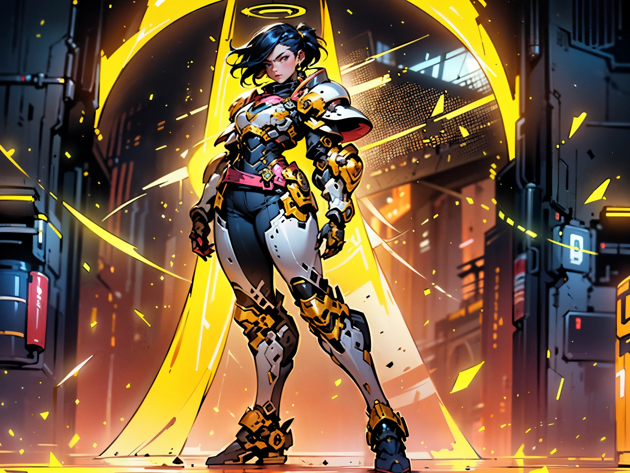 A woman adorned in fantasy-style full-body armor, a crown-concept fully enclosed helmet that unveils only her eyes, a composite layered chest plate, fully encompassing shoulder and hand guards, a lightweight waist armor, form-fitting shin guards, the overall design is heavy-duty yet flexible, ((the armor gleams with a golden glow, complemented by red and blue accents)), exhibiting a noble aura, she floats above a fantasy-surreal high-tech city, this character embodies a finely crafted fantasy-surreal style armored hero in anime style, exquisite and mature manga art style, (Queen bee mixed with Spider concept Armor, plasma, blood), ((Element, energy, elegant, goddess, femminine:1.5)), metallic, high definition, best quality, highres, ultra-detailed, ultra-fine painting, extremely delicate, professional, anatomically correct, symmetrical face, extremely detailed eyes and face, high quality eyes, creativity, RAW photo, UHD, 32k, Natural light, cinematic lighting, masterpiece-anatomy-perfect, masterpiece:1.5