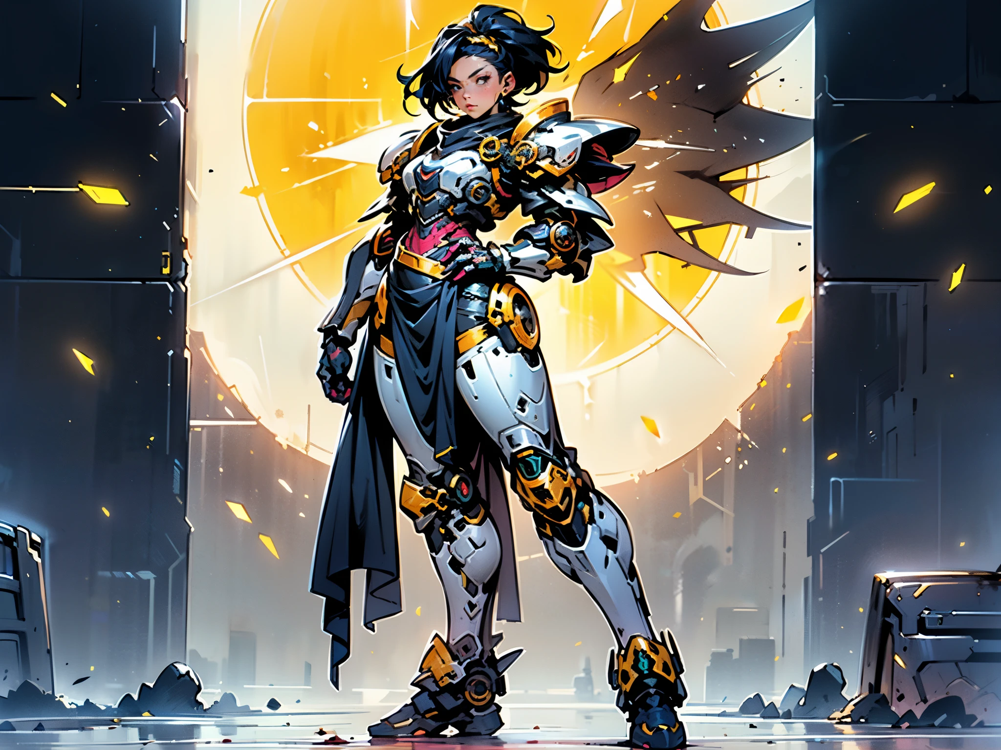 A woman adorned in fantasy-style full-body armor, a crown-concept fully enclosed helmet that unveils only her eyes, a composite layered chest plate, fully encompassing shoulder and hand guards, a lightweight waist armor, form-fitting shin guards, the overall design is heavy-duty yet flexible, ((the armor gleams with a golden glow, complemented by red and blue accents)), exhibiting a noble aura, she floats above a fantasy-surreal high-tech city, this character embodies a finely crafted fantasy-surreal style armored hero in anime style, exquisite and mature manga art style, (Queen bee mixed with Spider concept Armor, plasma, blood), ((Element, energy, elegant, goddess, femminine:1.5)), metallic, high definition, best quality, highres, ultra-detailed, ultra-fine painting, extremely delicate, professional, anatomically correct, symmetrical face, extremely detailed eyes and face, high quality eyes, creativity, RAW photo, UHD, 32k, Natural light, cinematic lighting, masterpiece-anatomy-perfect, masterpiece:1.5