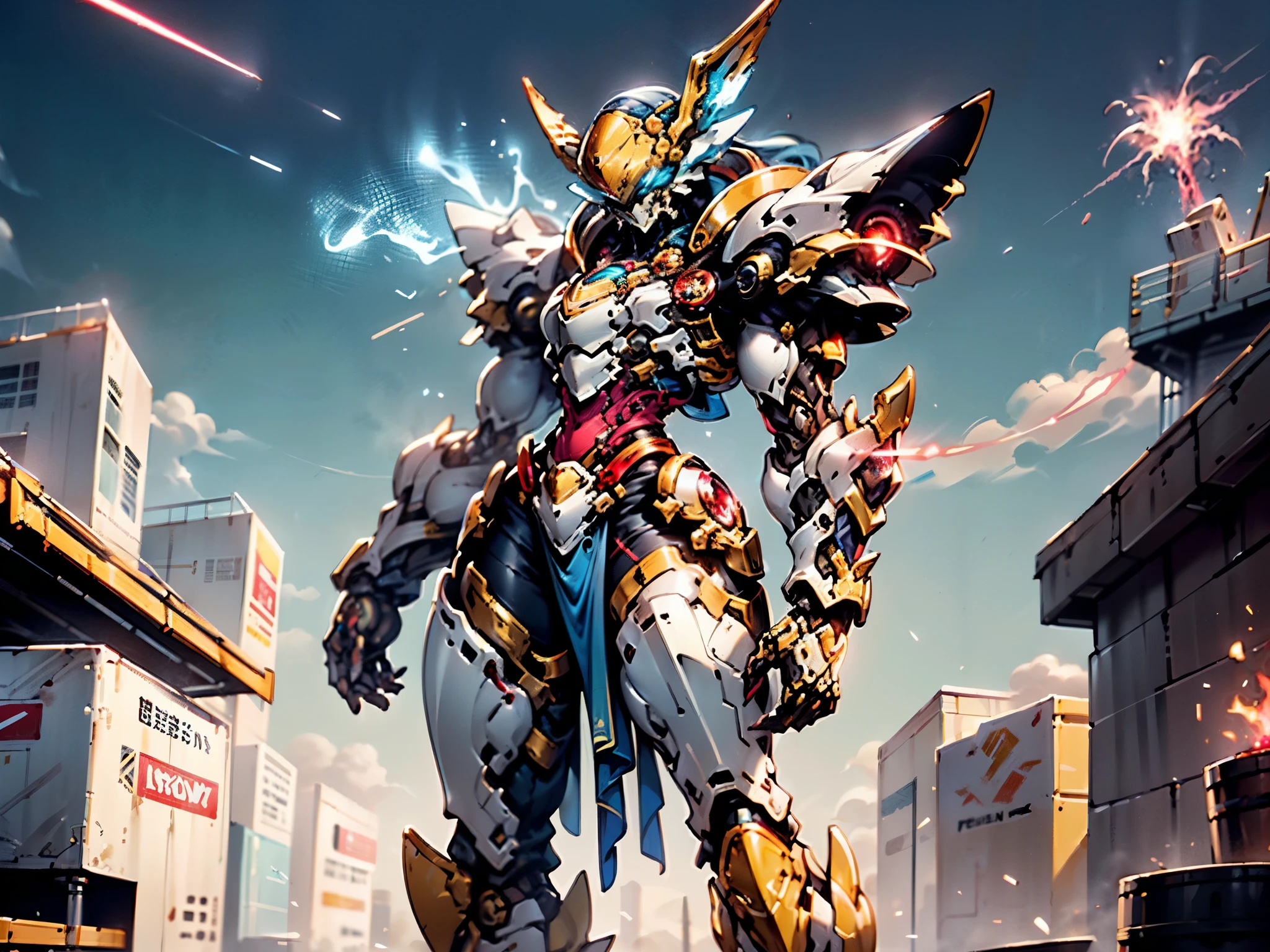 A woman adorned in fantasy-style full-body armor, a crown-concept fully enclosed helmet that unveils only her eyes, a composite layered chest plate, fully encompassing shoulder and hand guards, a lightweight waist armor, form-fitting shin guards, the overall design is heavy-duty yet flexible, ((the armor gleams with a golden glow, complemented by red and blue accents)), exhibiting a noble aura, she floats above a fantasy-surreal high-tech city, this character embodies a finely crafted fantasy-surreal style armored hero in anime style, exquisite and mature manga art style, (Queen bee mixed with Spider concept Armor, plasma, blood), ((Element, energy, elegant, goddess, femminine:1.5)), metallic, high definition, best quality, highres, ultra-detailed, ultra-fine painting, extremely delicate, professional, anatomically correct, symmetrical face, extremely detailed eyes and face, high quality eyes, creativity, RAW photo, UHD, 32k, Natural light, cinematic lighting, masterpiece-anatomy-perfect, masterpiece:1.5