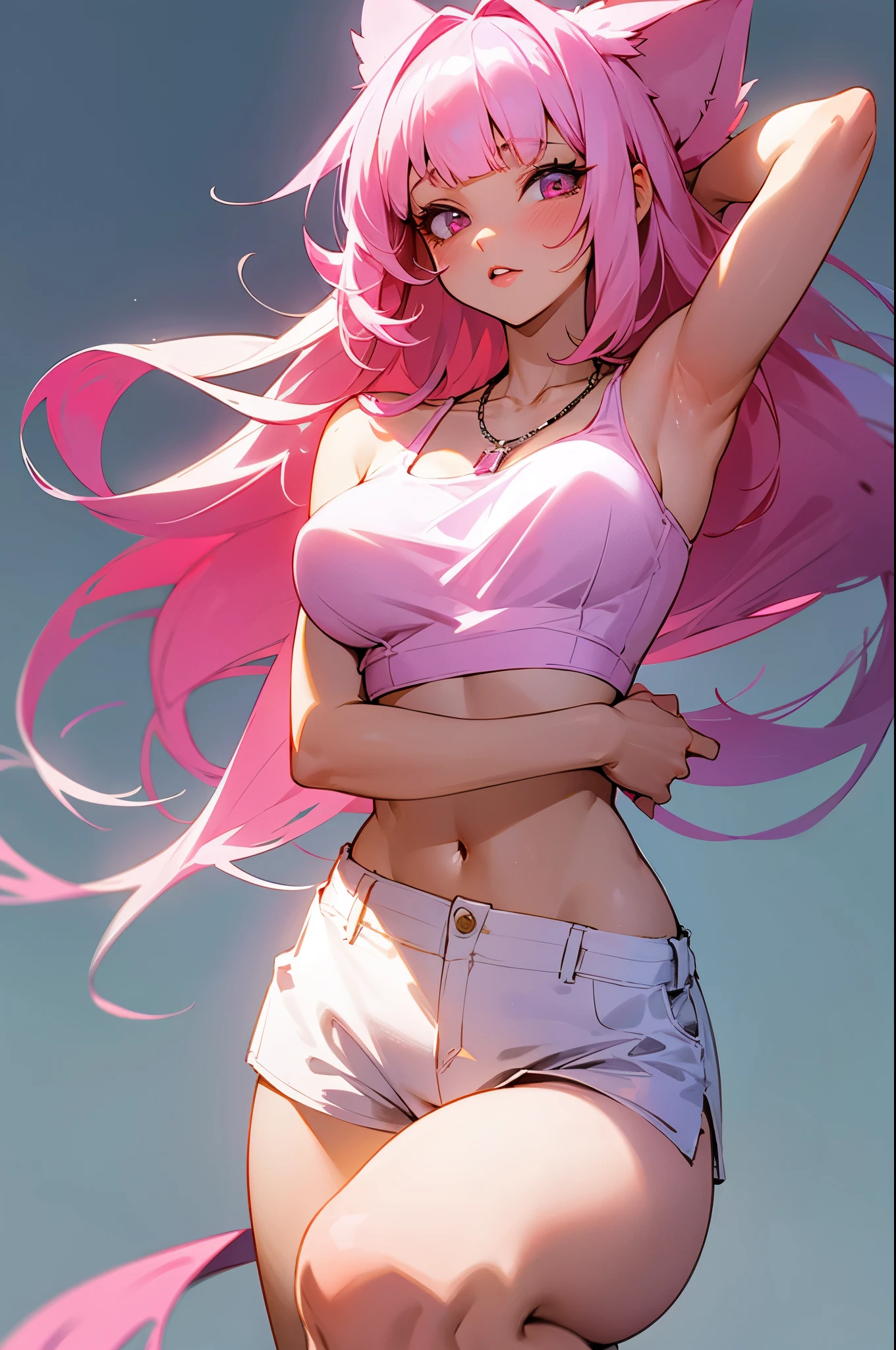 1 Girl Long Pink Hair, Blunt Bangs, Light Pink Eyes, Perfect Body Slim Curves, Big Lips, Split Lips, Soft Beauty, Shy, Sexy, Wearing Pure White Camisole, Wearing Pink Shorts, Pink Dog Ears, Pink Dog Tail, White Necklace, Outtown Background, Absurd, High Resolution, Super Sharp, 8K, Masterpiece ...