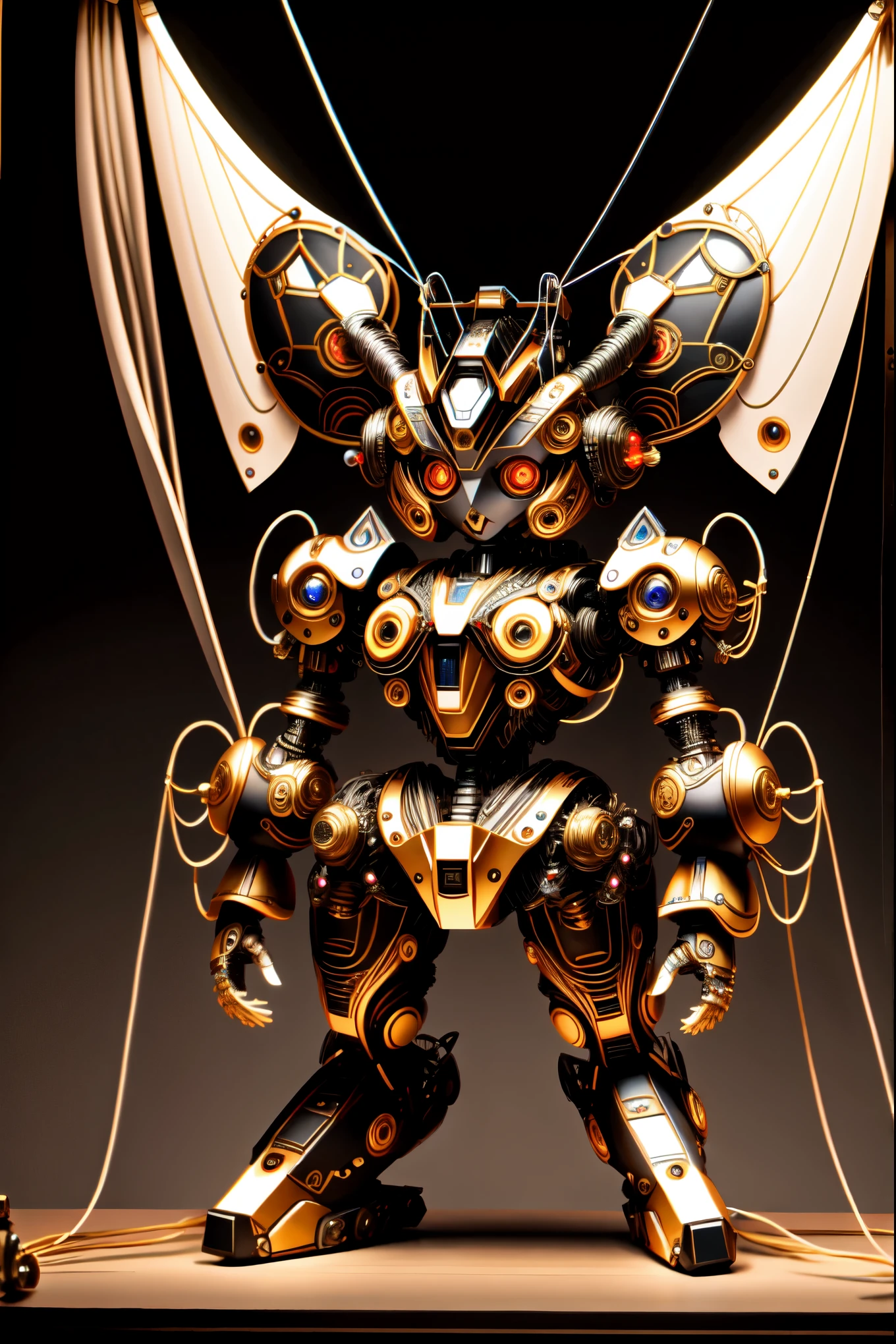 puppet strings, mechanical puppet, mecha musume, high-tech cyborg body, intricate details, AI-generated, masterpiece, best quality, spotlight, stage, puppet show