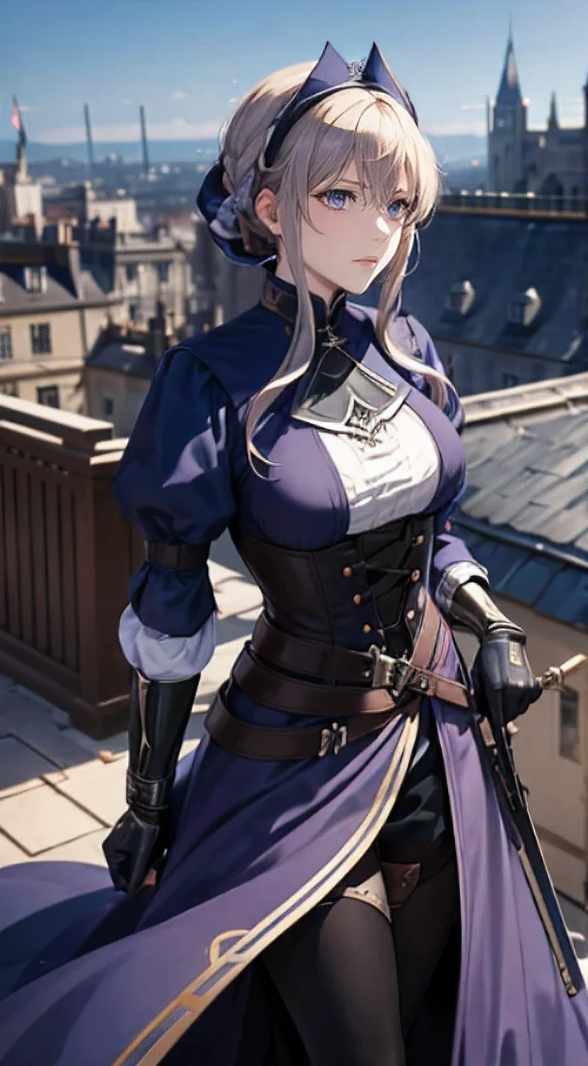 Violet evergarden, wearing an assassins hood, on roof top in England, Victorian era, dark blue attire, metal prosthetics arm, assassin gauntlet
