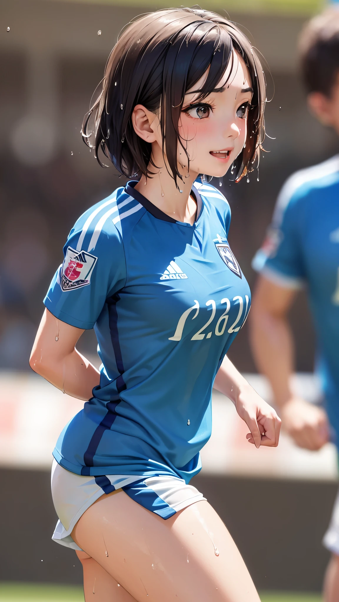 (masterpiece,highest quality,超A high resolution),japanese woman, (((very beautiful girl))), pretty girl、look at the photographer、Front view, ((short hair)), super cute face, glossy lips, double eyelids in both eyes,natural smile、 natural makeup, long eyelashes, Shiny and smooth hair、center image, perfect limbs, perfect anatomy,(((soccer uniform)))、(big breasts),(((wet with sweat))),You can see the bra from the side of the uniform,