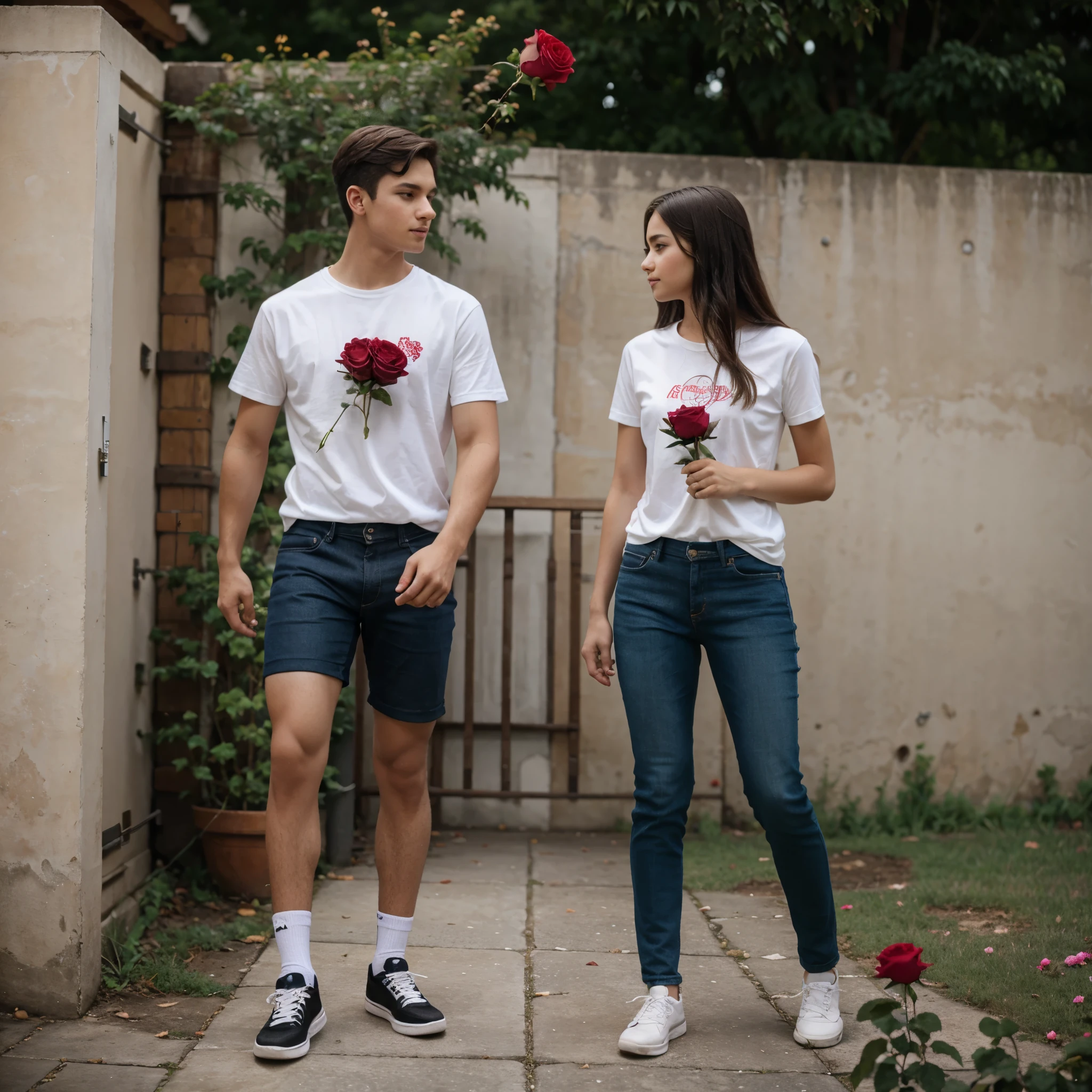A boy with a cycle holding a rose in front of a beautiful girl