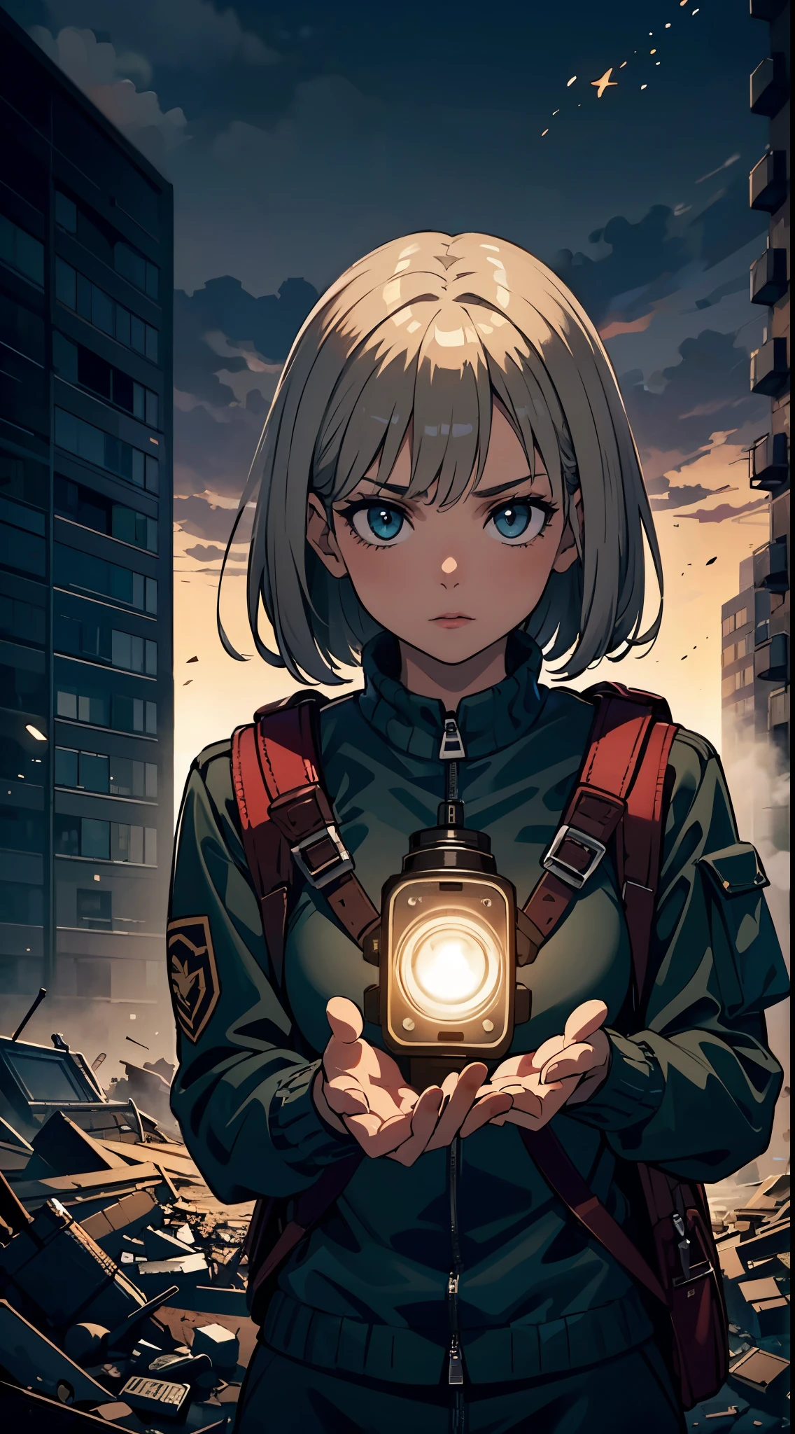 Masterpiece, portrait, 1girl, (military outfit, military suit, wearing backpack), apocalyptic. Damaged city background, holding flashlight in hands, dramatic lighting, detailed face, high resolution,