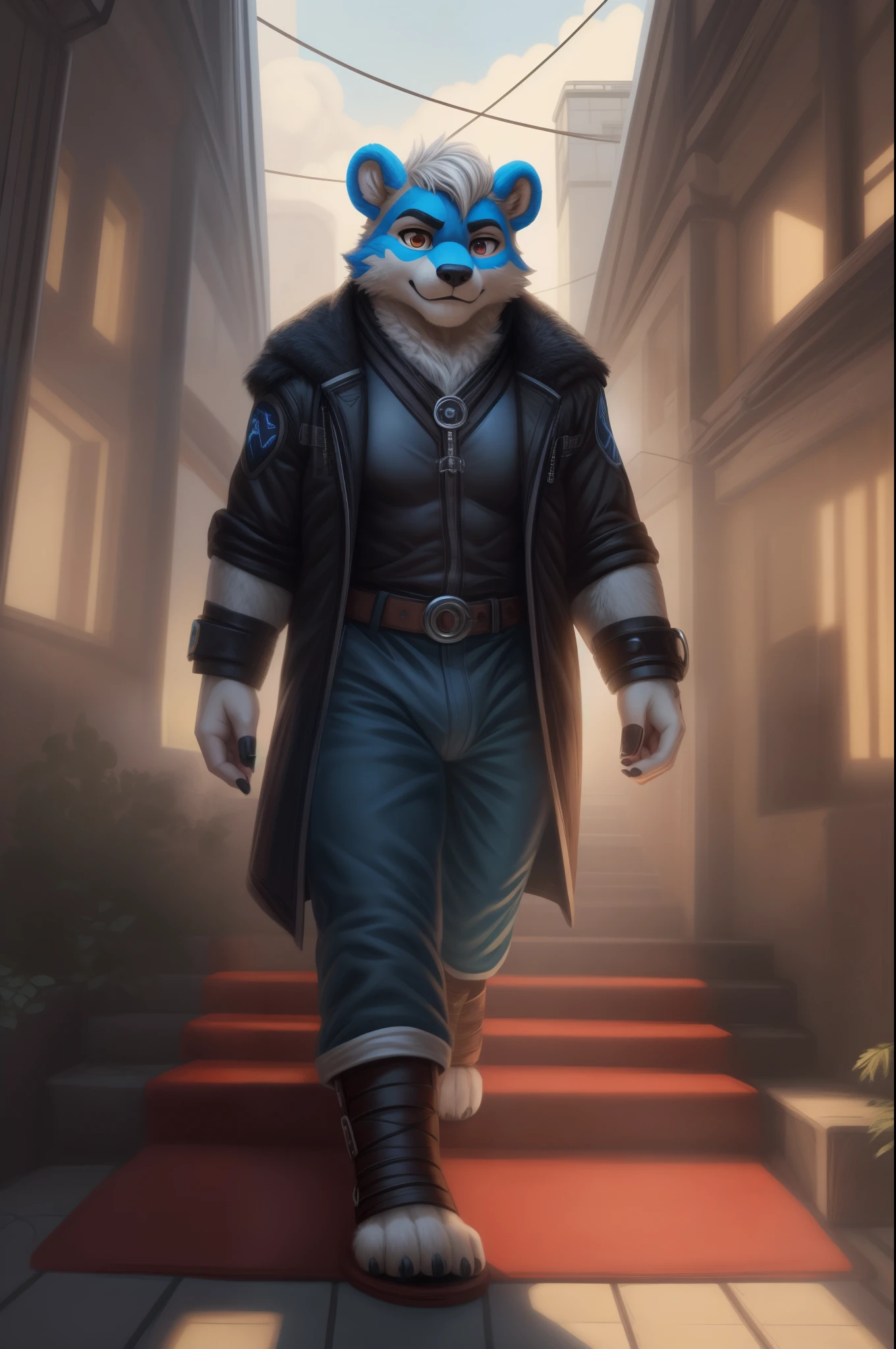 (((furry character, full body, furry male.)))
Ice bear boy sleepwalking on night street, hypnotised brawny boy wears blue pajama (long pants), wears black leather sandals
BREAK, detailed background, 8K, (masterpiece:1.5), intricate details, highly detailed, extreme detail, octane render, anime, fine art, best quality, highres, (detailed face:1.5), ((full_body)), UHD, (((perfect hands))), low ligth:1.2