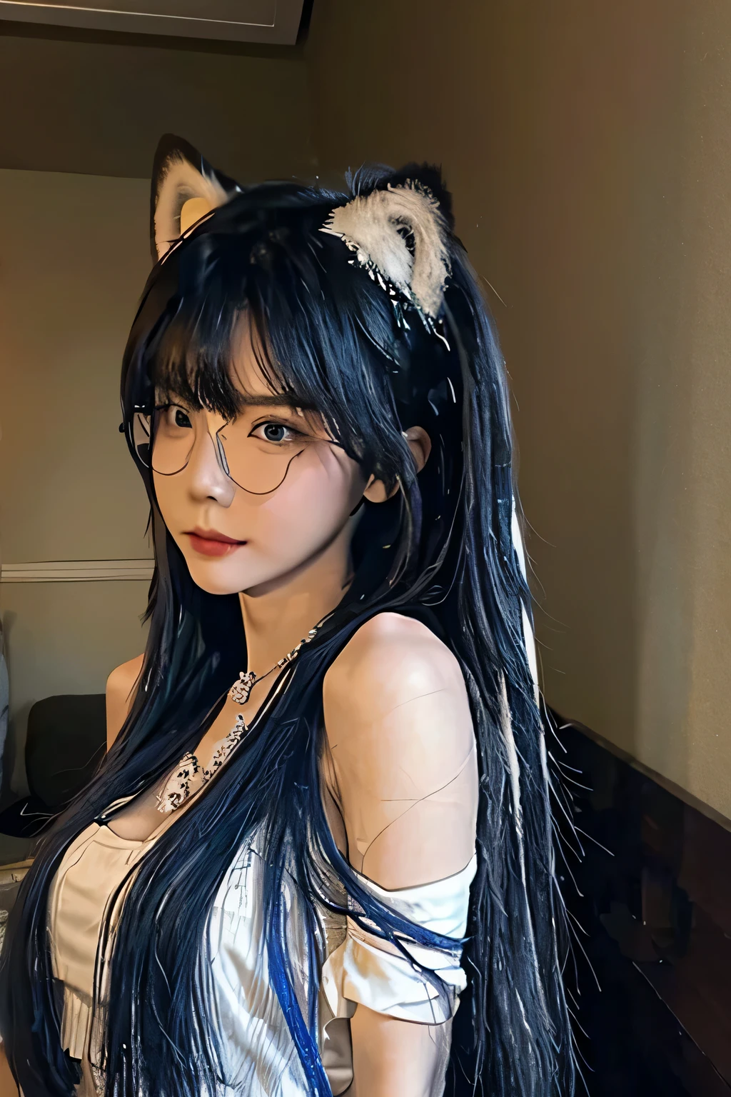 (best quality, masterpiece:1.2),Super detailed,actual,portrait,side view,blue eyes, Laura: Dousha1:0.9,Shadow-Lee, Li Dousha, panda ears, Bangs, Just shoulder, blue eyes, wearing glasses, Eyes between hair, L in G hair, sunglasses, very long hair, 1 girl, white hair, Striped hair, blue hair