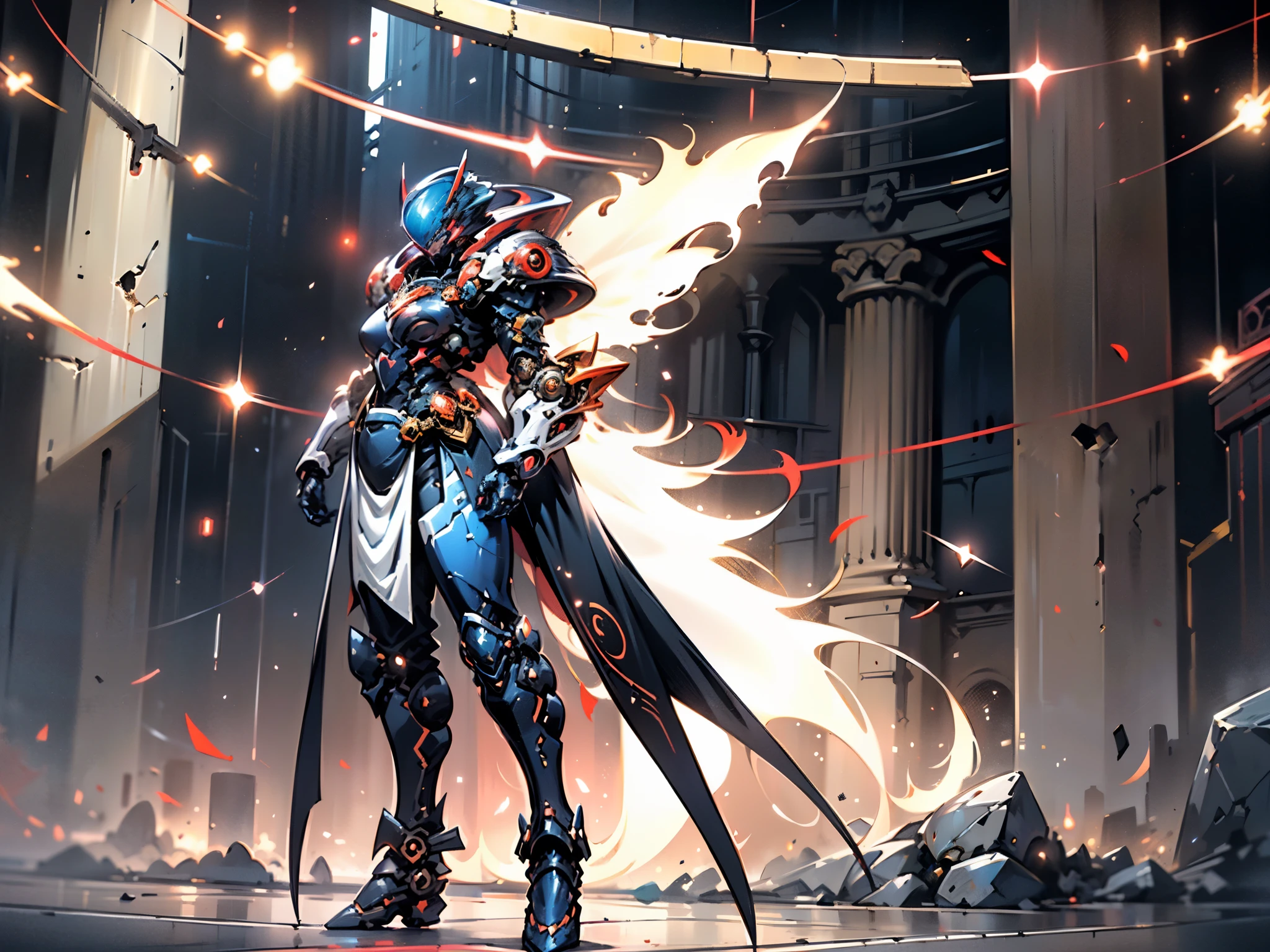 A woman adorned in fantasy-style full-body armor, a crown-concept fully enclosed helmet that unveils only her eyes, a composite layered chest plate, fully encompassing shoulder and hand guards, a lightweight waist armor, form-fitting shin guards, the overall design is heavy-duty yet flexible, ((the armor gleams with a golden glow, complemented by red and blue accents)), exhibiting a noble aura, she floats above a fantasy-surreal high-tech city, this character embodies a finely crafted fantasy-surreal style armored hero in anime style, exquisite and mature manga art style, (Queen bee mixed with Spider concept Armor, plasma, blood), ((Element, energy, elegant, goddess, femminine:1.5)), metallic, high definition, best quality, highres, ultra-detailed, ultra-fine painting, extremely delicate, professional, anatomically correct, symmetrical face, extremely detailed eyes and face, high quality eyes, creativity, RAW photo, UHD, 32k, Natural light, cinematic lighting, masterpiece-anatomy-perfect, masterpiece:1.5