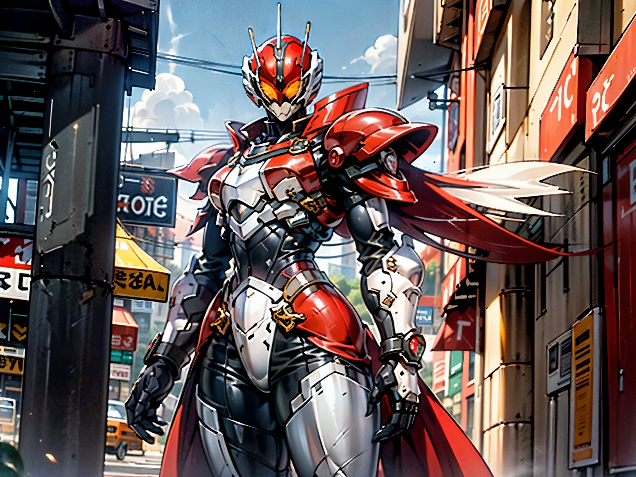 A woman adorned in fantasy-style full-body armor, a crown-concept fully enclosed helmet that unveils only her eyes, a composite layered chest plate, fully encompassing shoulder and hand guards, a lightweight waist armor, form-fitting shin guards, the overall design is heavy-duty yet flexible, ((the armor gleams with a golden glow, complemented by red and blue accents)), exhibiting a noble aura, she floats above a fantasy-surreal high-tech city, this character embodies a finely crafted fantasy-surreal style armored hero in anime style, exquisite and mature manga art style, (Queen bee mixed with Spider concept Armor, plasma, blood), ((Element, energy, elegant, goddess, femminine:1.5)), metallic, high definition, best quality, highres, ultra-detailed, ultra-fine painting, extremely delicate, professional, anatomically correct, symmetrical face, extremely detailed eyes and face, high quality eyes, creativity, RAW photo, UHD, 32k, Natural light, cinematic lighting, masterpiece-anatomy-perfect, masterpiece:1.5