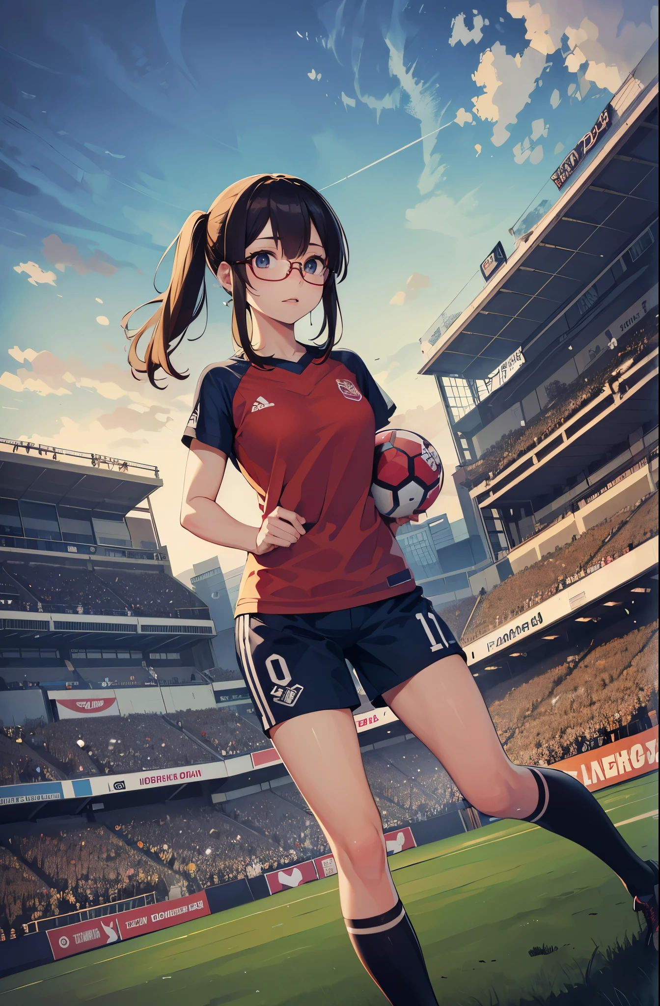 ((wide angle image)), women's football match, ((wear glasses))